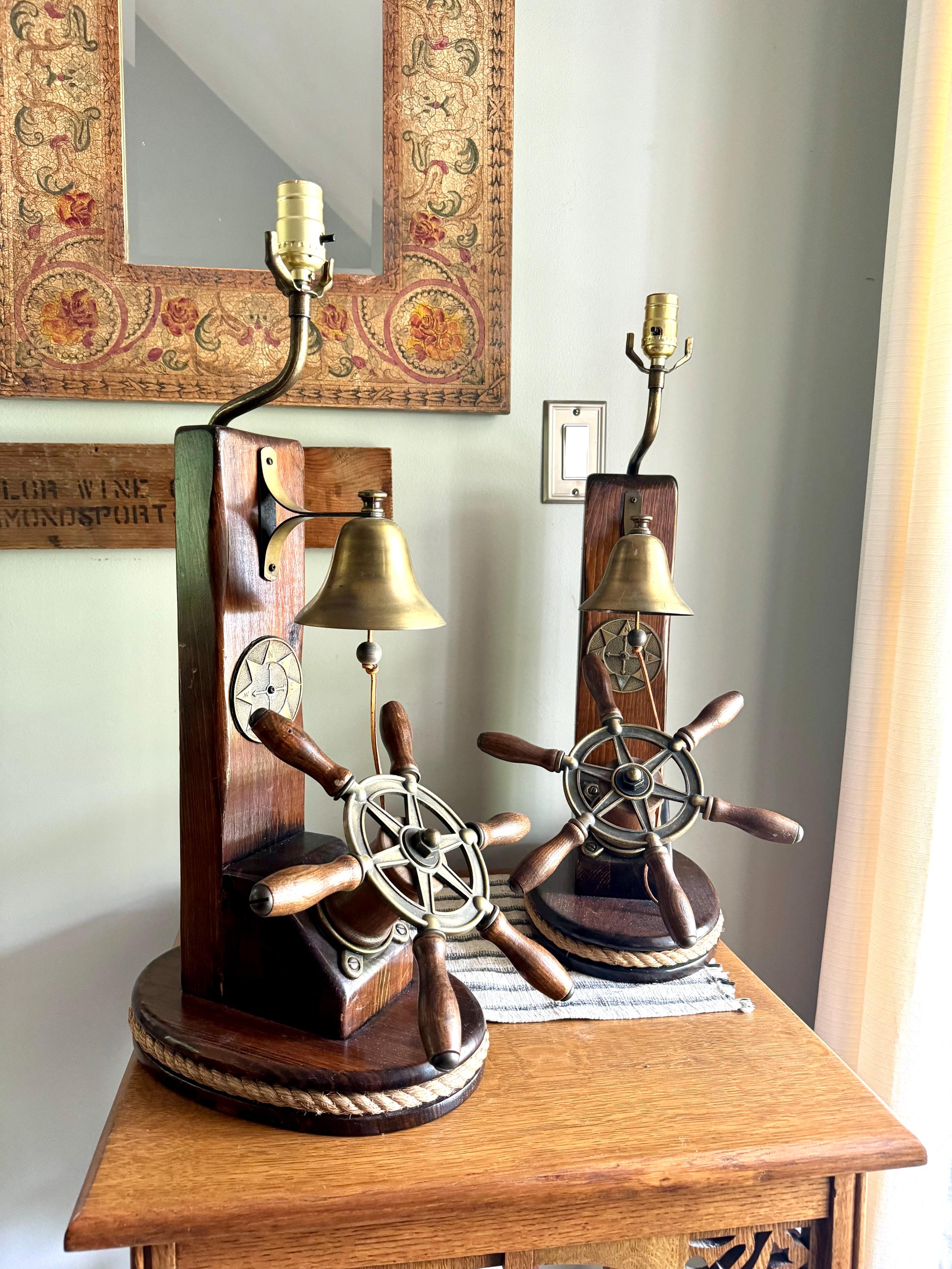 Vtg Pair of Nautical Themed Lamps | Ship's Wheel and Bell Themed Lamps | Nautical  Helmsman Wheel Lamps | Coastal Beach House Decor
