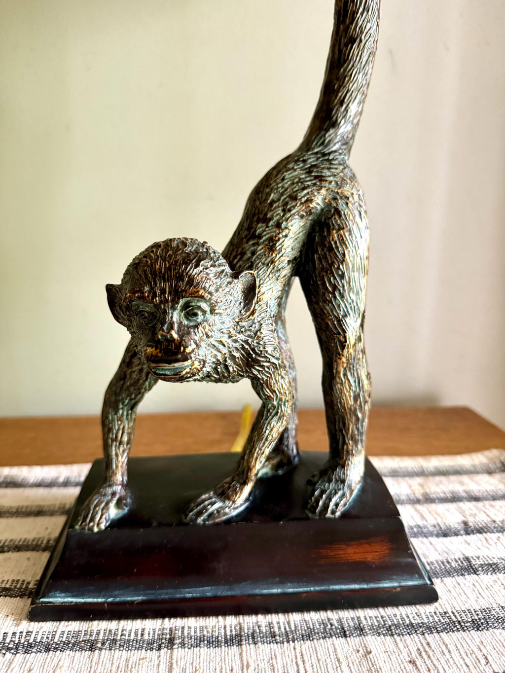 Vtg Whimsical Bronze Toned Monkey Lamp | Resin Monkey Figurine Lamp | Bronze Toned Monkey Lamp on Wood Base