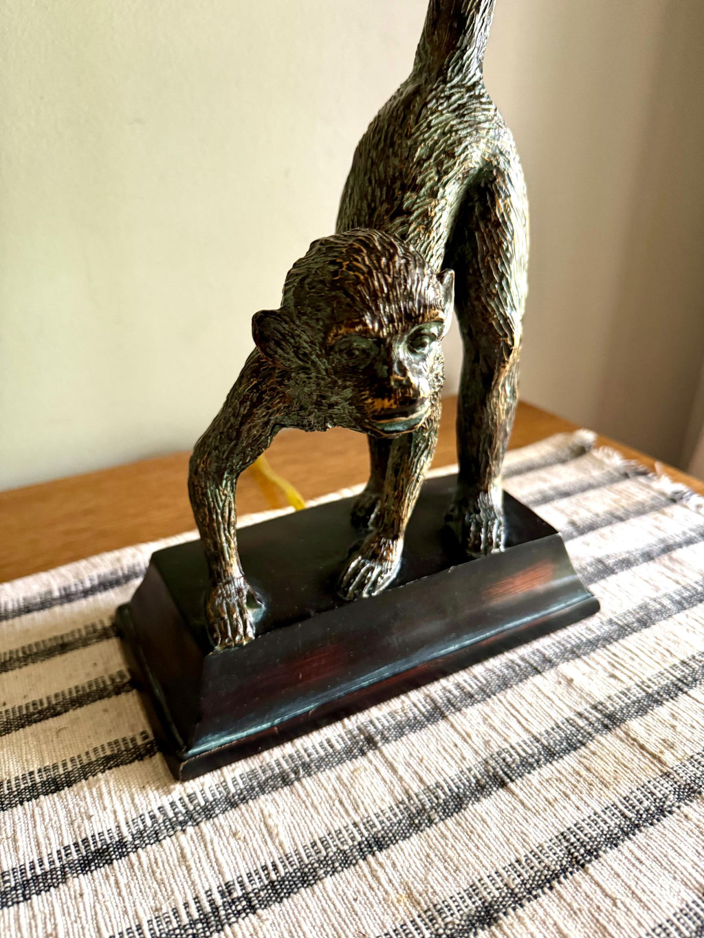 Vtg Whimsical Bronze Toned Monkey Lamp | Resin Monkey Figurine Lamp | Bronze Toned Monkey Lamp on Wood Base