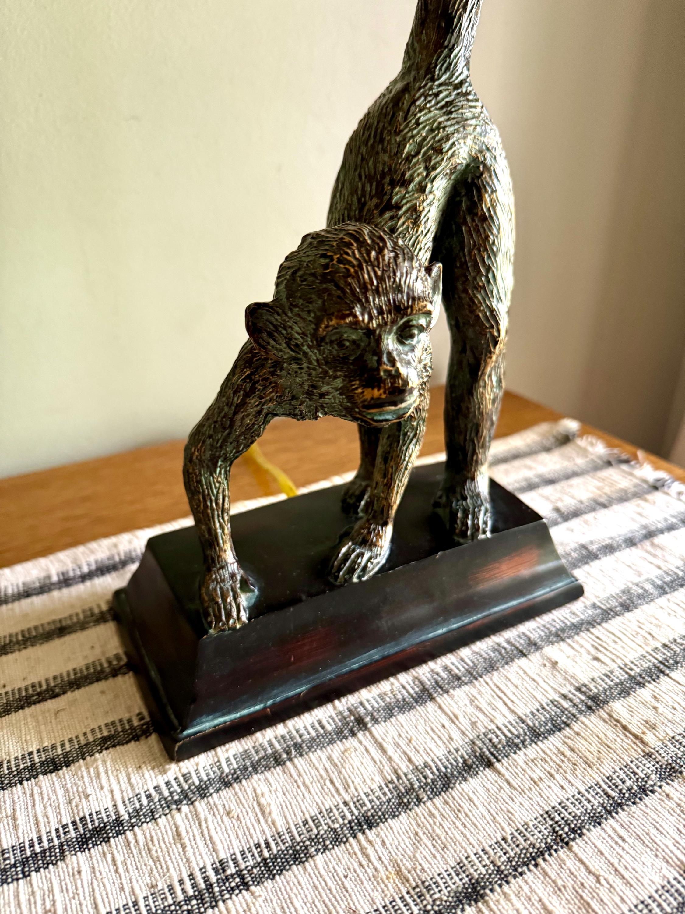 Vtg Whimsical Bronze Toned Monkey Lamp | Resin Monkey Figurine Lamp | Bronze Toned Monkey Lamp on Wood Base