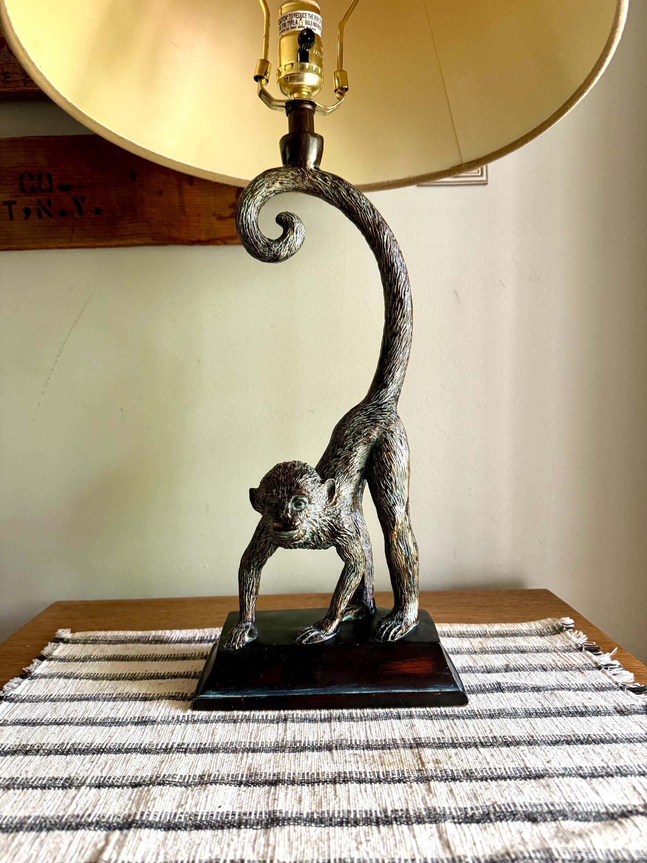 Vtg Whimsical Bronze Toned Monkey Lamp | Resin Monkey Figurine Lamp | Bronze Toned Monkey Lamp on Wood Base