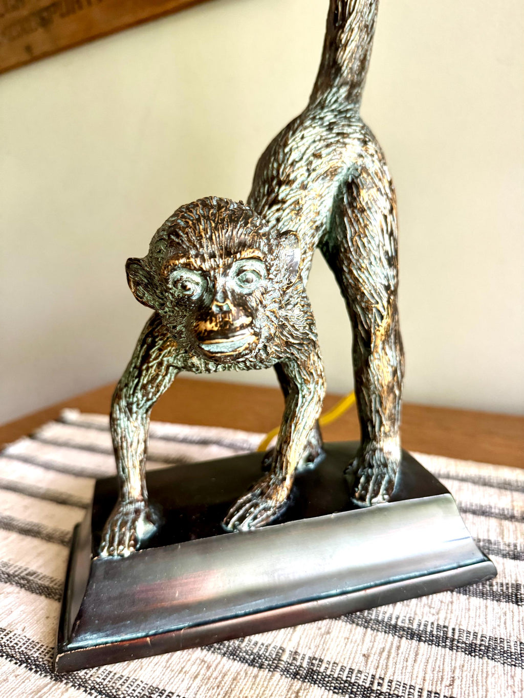 Vtg Whimsical Bronze Toned Monkey Lamp | Resin Monkey Figurine Lamp | Bronze Toned Monkey Lamp on Wood Base