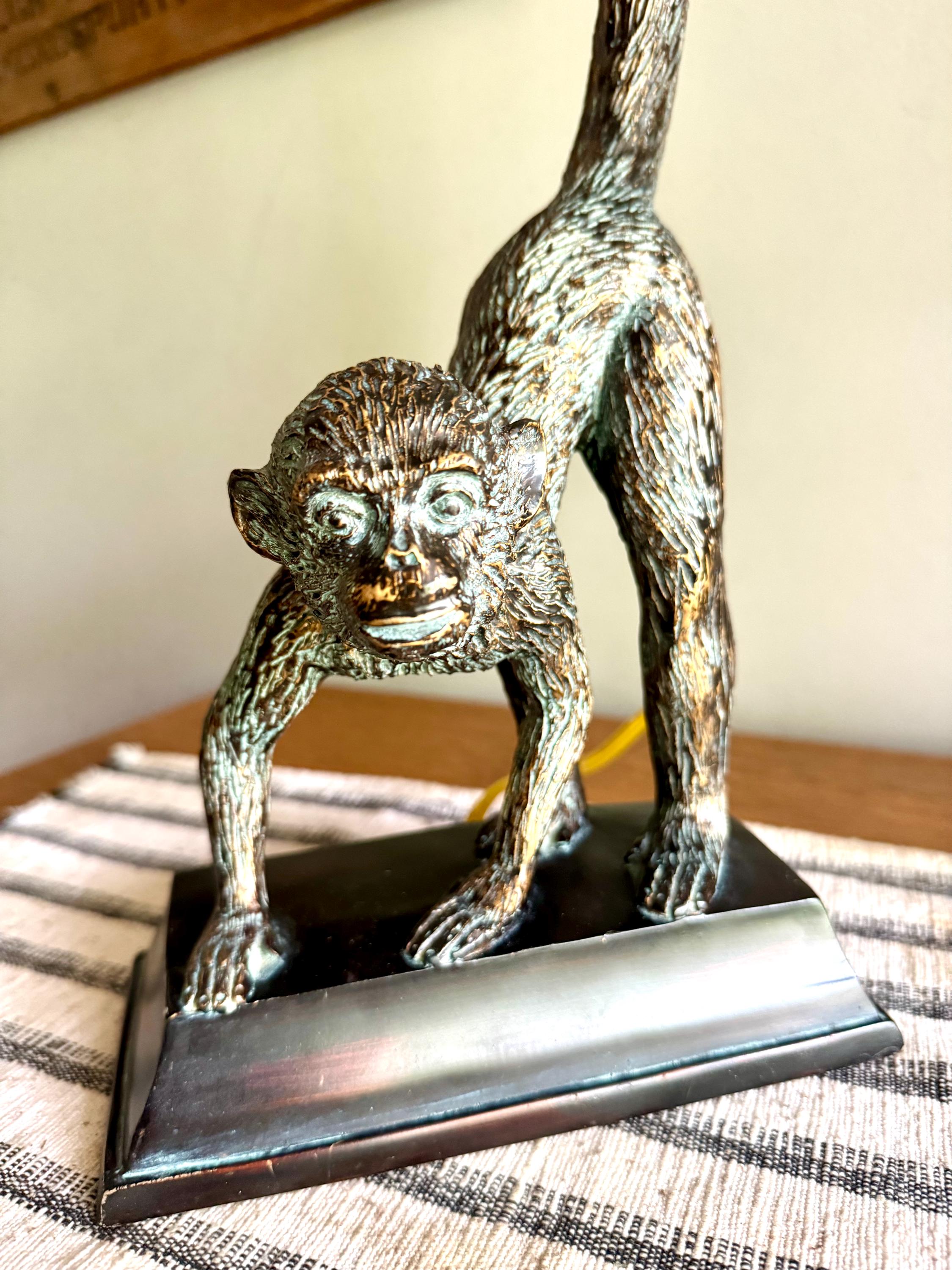 Vtg Whimsical Bronze Toned Monkey Lamp | Resin Monkey Figurine Lamp | Bronze Toned Monkey Lamp on Wood Base