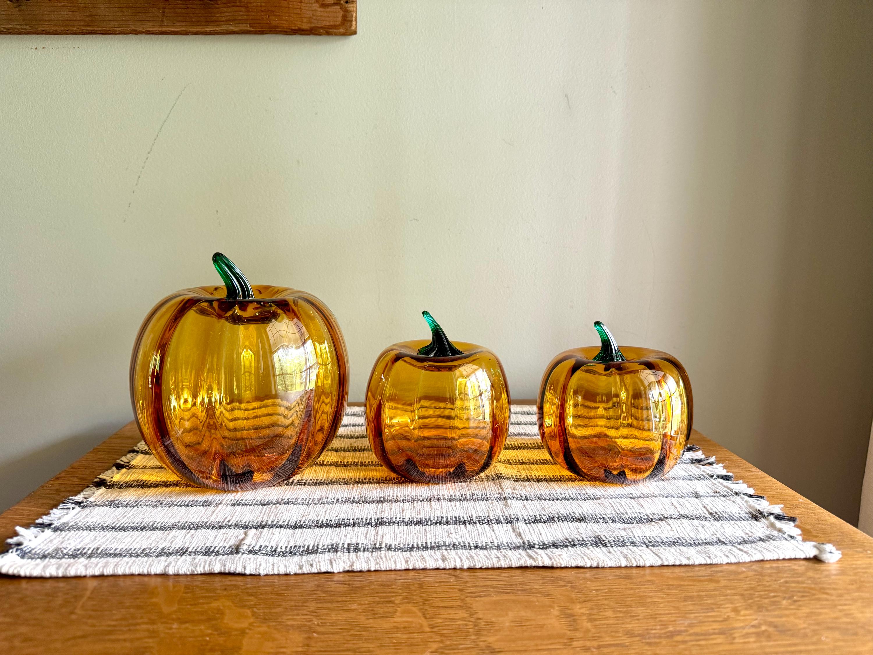 Vtg Set of Blenko Amber Pumpkin | Blenko Handblown Glass Pumpkins | 2002 Blenko Blown Glass Pumpkins