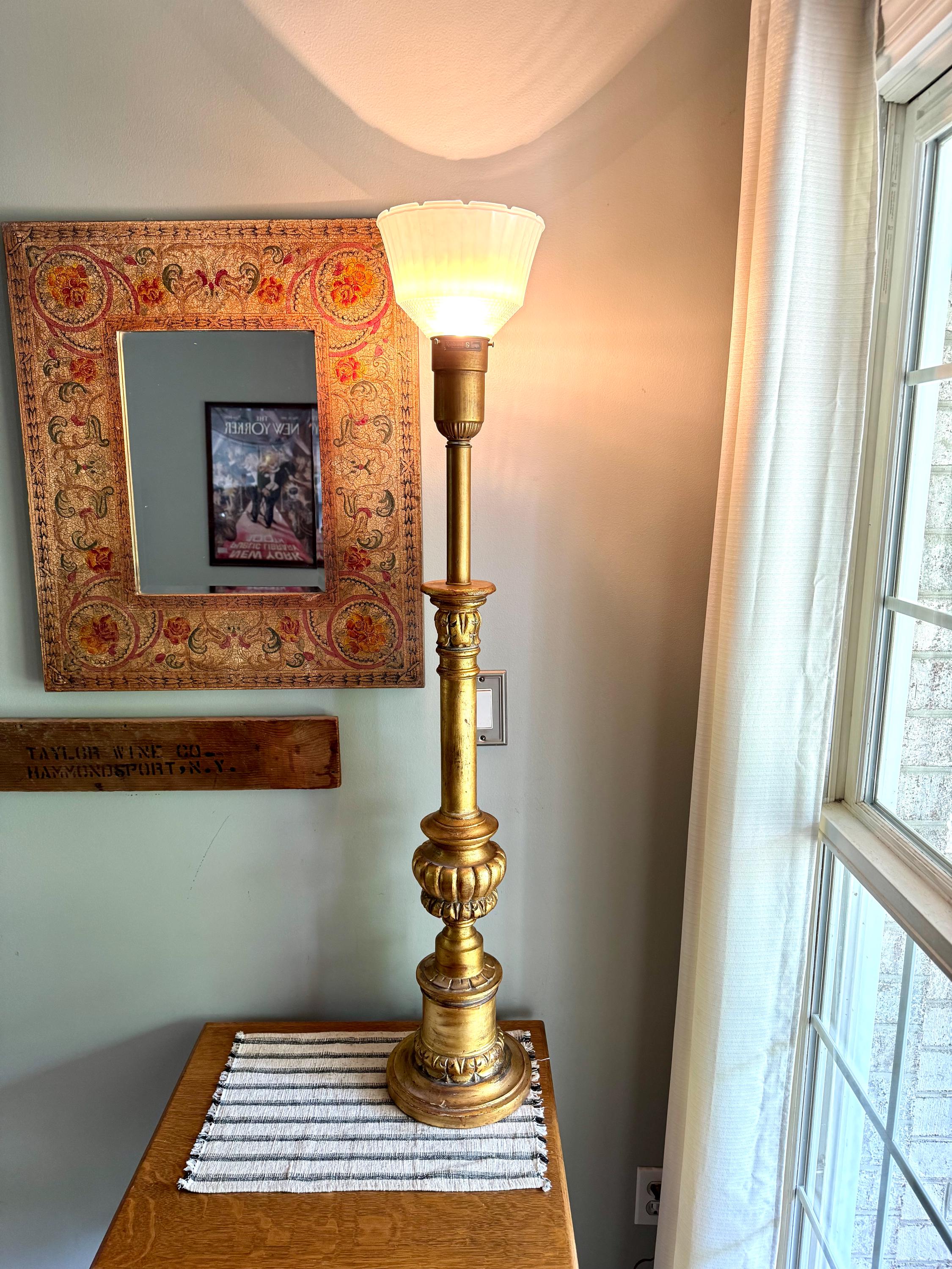 Vtg Large Gilded Torchiere Lamp By Rembrandt | Rembrandt Art Deco Gold Floor Lamp With Glass Shade | Ornate Victorian Gold Large Lamp