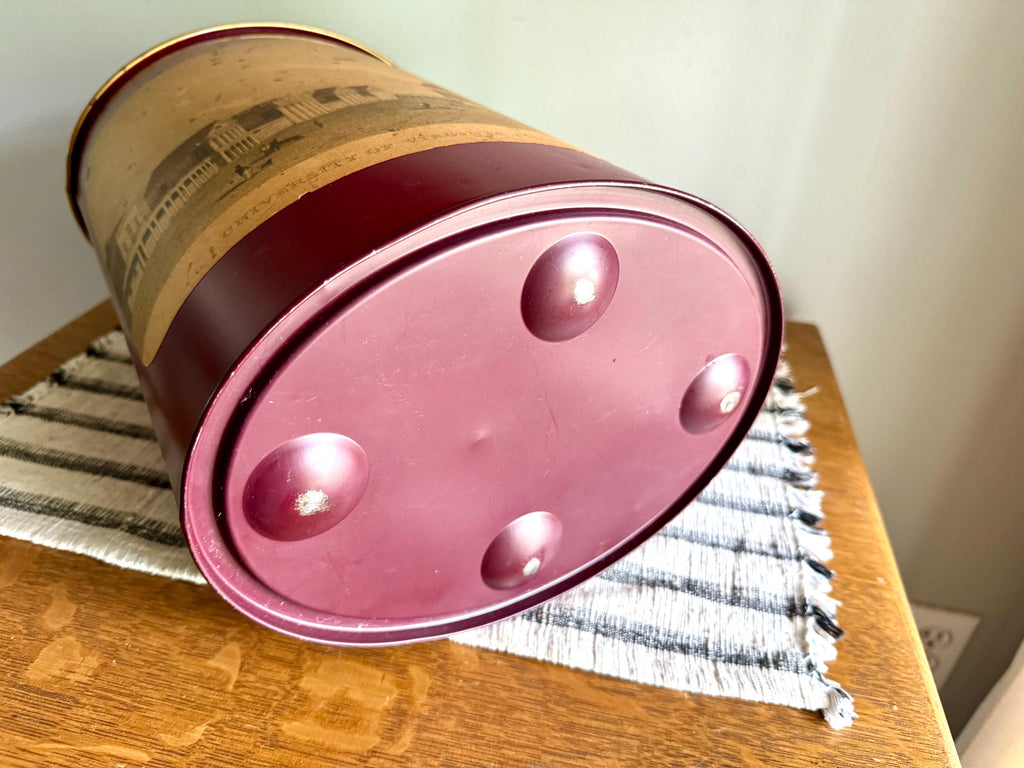 Vtg University of Virginia Red Trash Can | Charlottesville UVA Pictured Trash Bin | UVA Metal Oval Trash Can | Distressed UVA Trash Bin