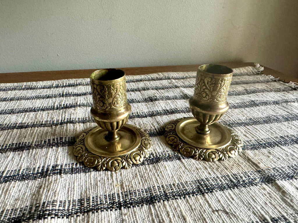 Pair of Antique Brass Ornate Candle Holders | 2 Brass Victorian Candlesticks | Hollywood Regency Decor | Small Ornate Floral Candlestick