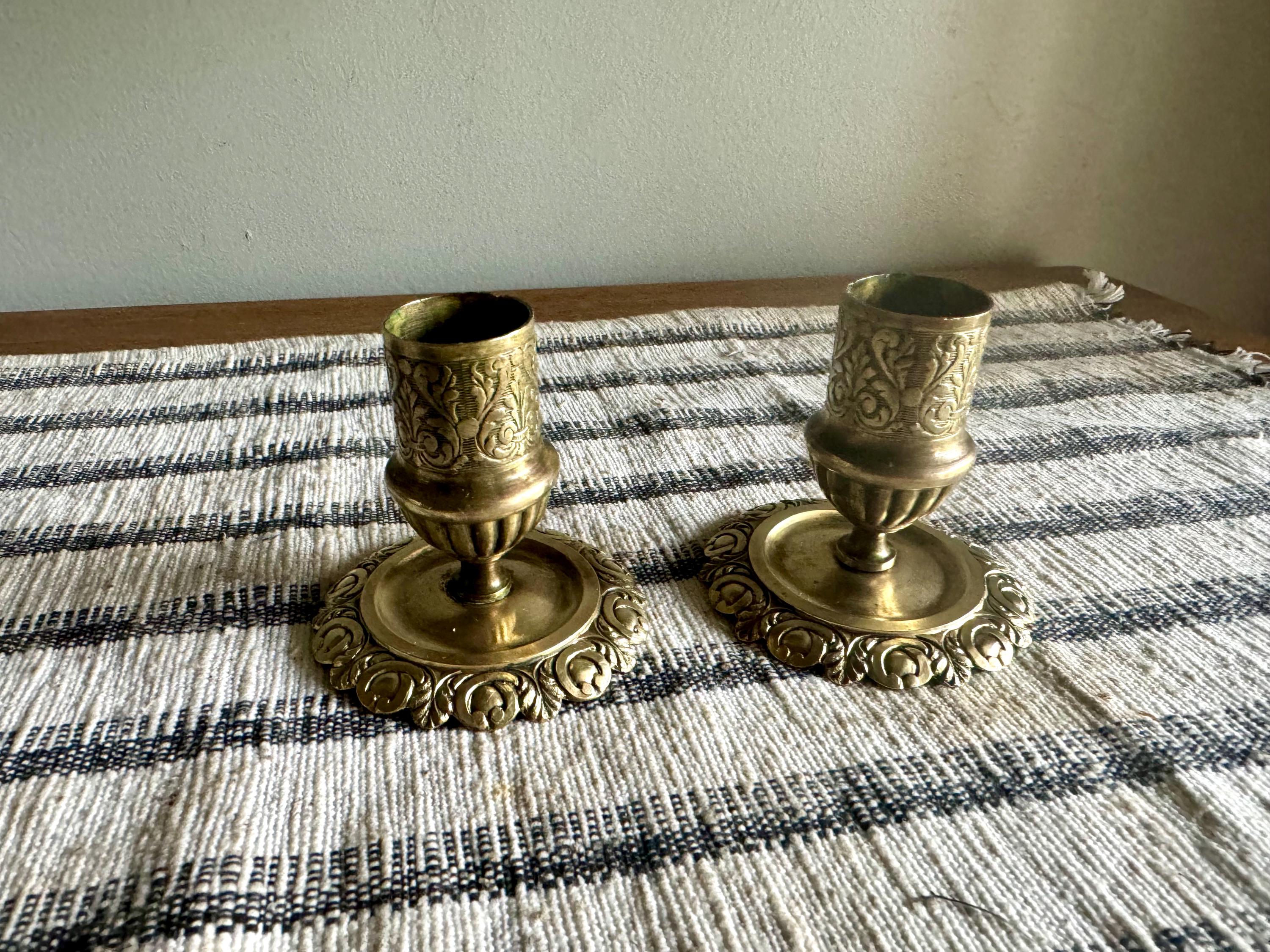 Pair of Antique Brass Ornate Candle Holders | 2 Brass Victorian Candlesticks | Hollywood Regency Decor | Small Ornate Floral Candlestick