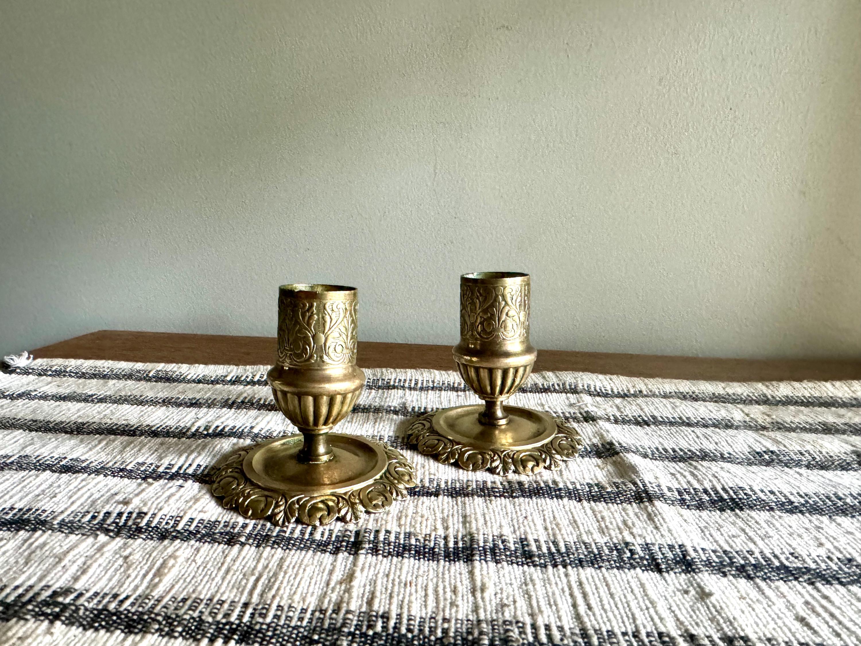 Pair of Antique Brass Ornate Candle Holders | 2 Brass Victorian Candlesticks | Hollywood Regency Decor | Small Ornate Floral Candlestick