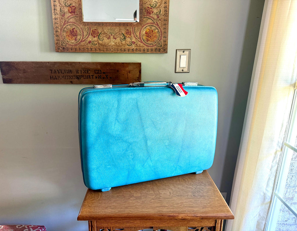 Vtg American Tourister Turquoise Marbled Luggage| American Tourister Suitcase | Smaller Size A/T Escort Suitcase| Turquoise Blue Suitcase