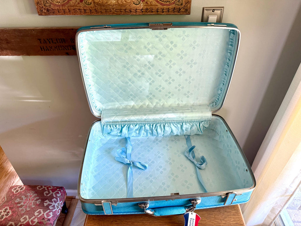Vtg American Tourister Turquoise Marbled Luggage| American Tourister Suitcase | Smaller Size A/T Escort Suitcase| Turquoise Blue Suitcase