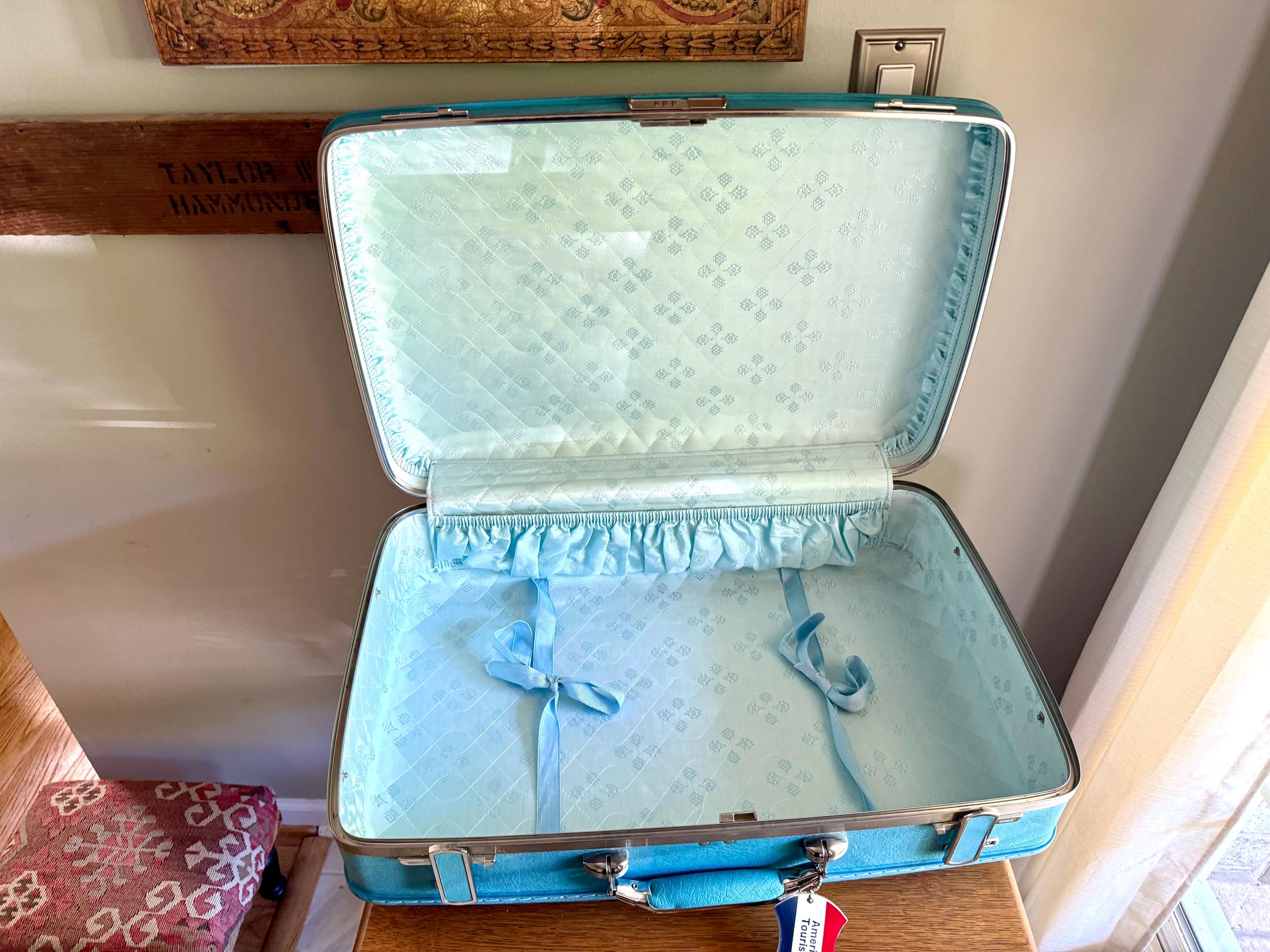Vtg American Tourister Turquoise Marbled Luggage| American Tourister Suitcase | Smaller Size A/T Escort Suitcase| Turquoise Blue Suitcase