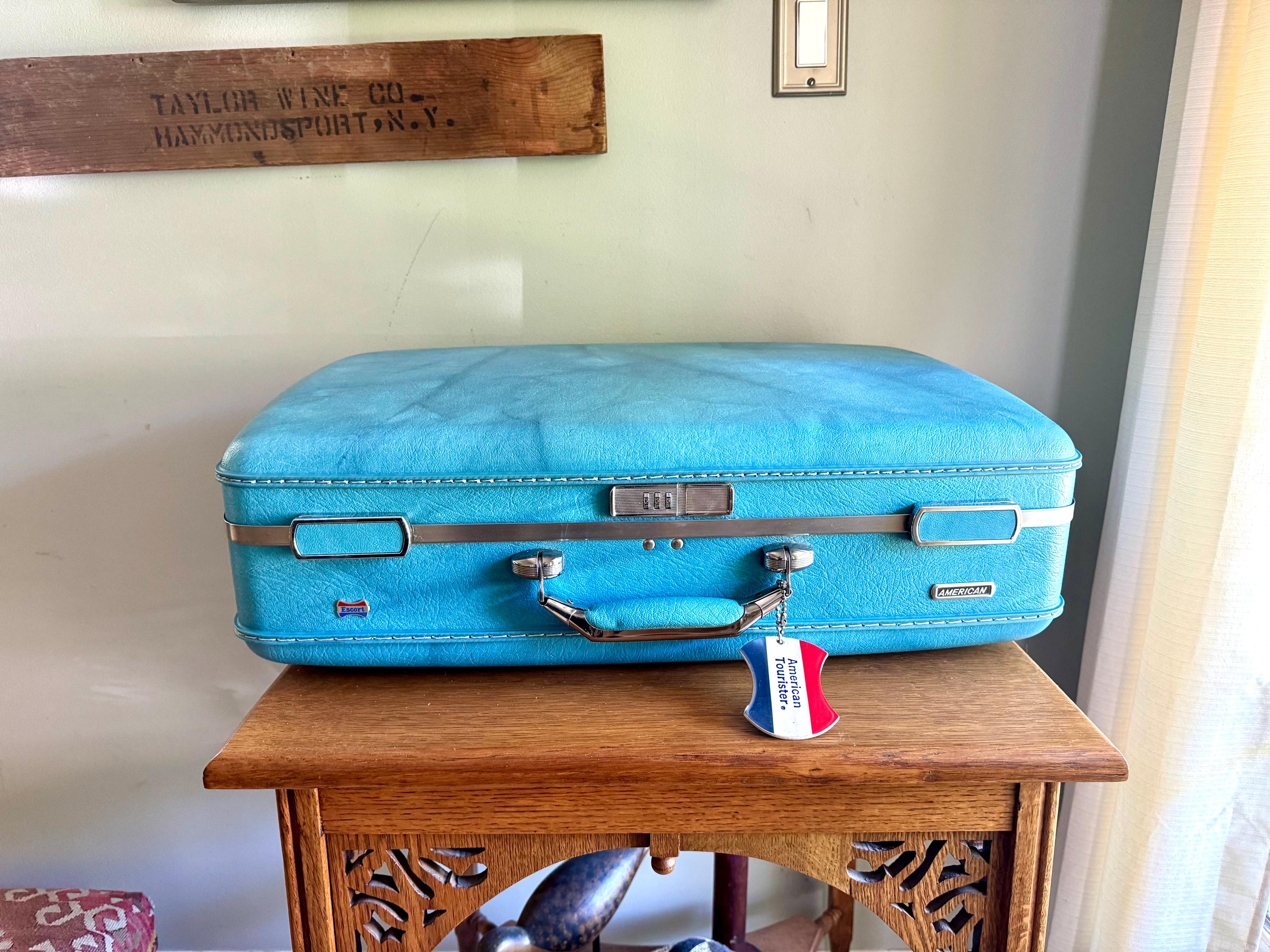 Vtg American Tourister Turquoise Marbled Luggage| American Tourister Suitcase | Smaller Size A/T Escort Suitcase| Turquoise Blue Suitcase