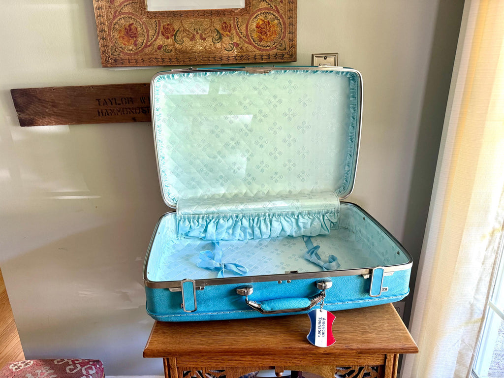 Vtg American Tourister Turquoise Marbled Luggage| American Tourister Suitcase | Smaller Size A/T Escort Suitcase| Turquoise Blue Suitcase