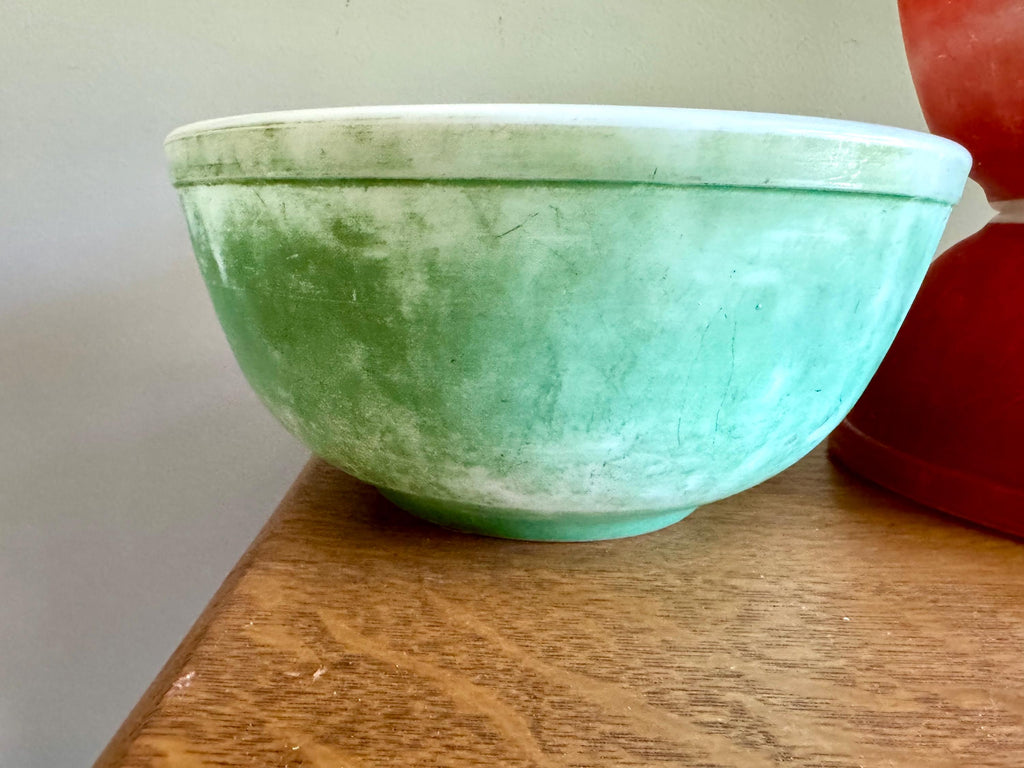 Vtg Set of Faded Pyrex Mixing Bowls | Distressed Pyrex Mixing Bowls | Green, Red and Blue Pyrex Bowls | Faded Finish Pyrex Bowls