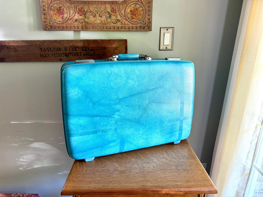Vtg American Tourister Turquoise Marbled Luggage| American Tourister Suitcase| Medium Size A/T Escort Suitcase | Turquoise Blue Suitcase