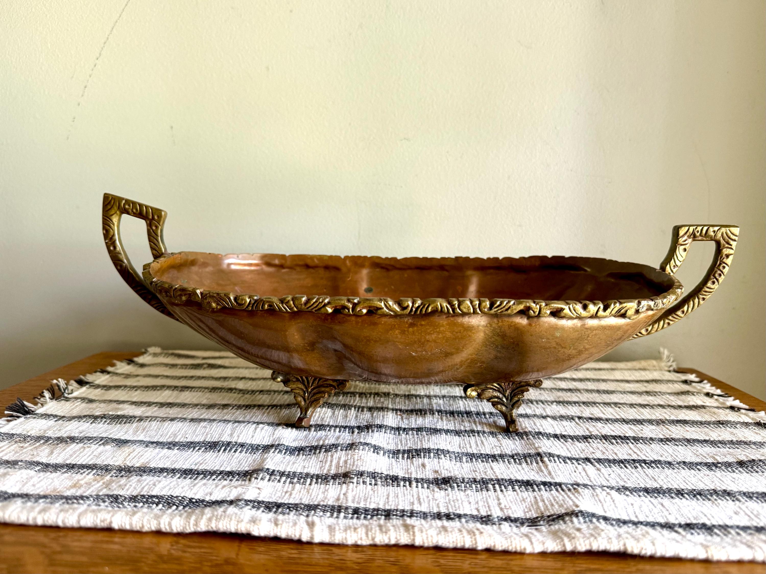 Vtg Hecho En Mexico Copper and Brass Dish | Mexican Copper Centerpiece Dish | Copper Fruit Bowl | Brass Ornate Footed Bowl