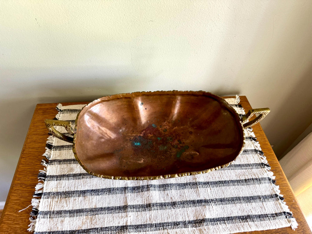 Vtg Hecho En Mexico Copper and Brass Dish | Mexican Copper Centerpiece Dish | Copper Fruit Bowl | Brass Ornate Footed Bowl