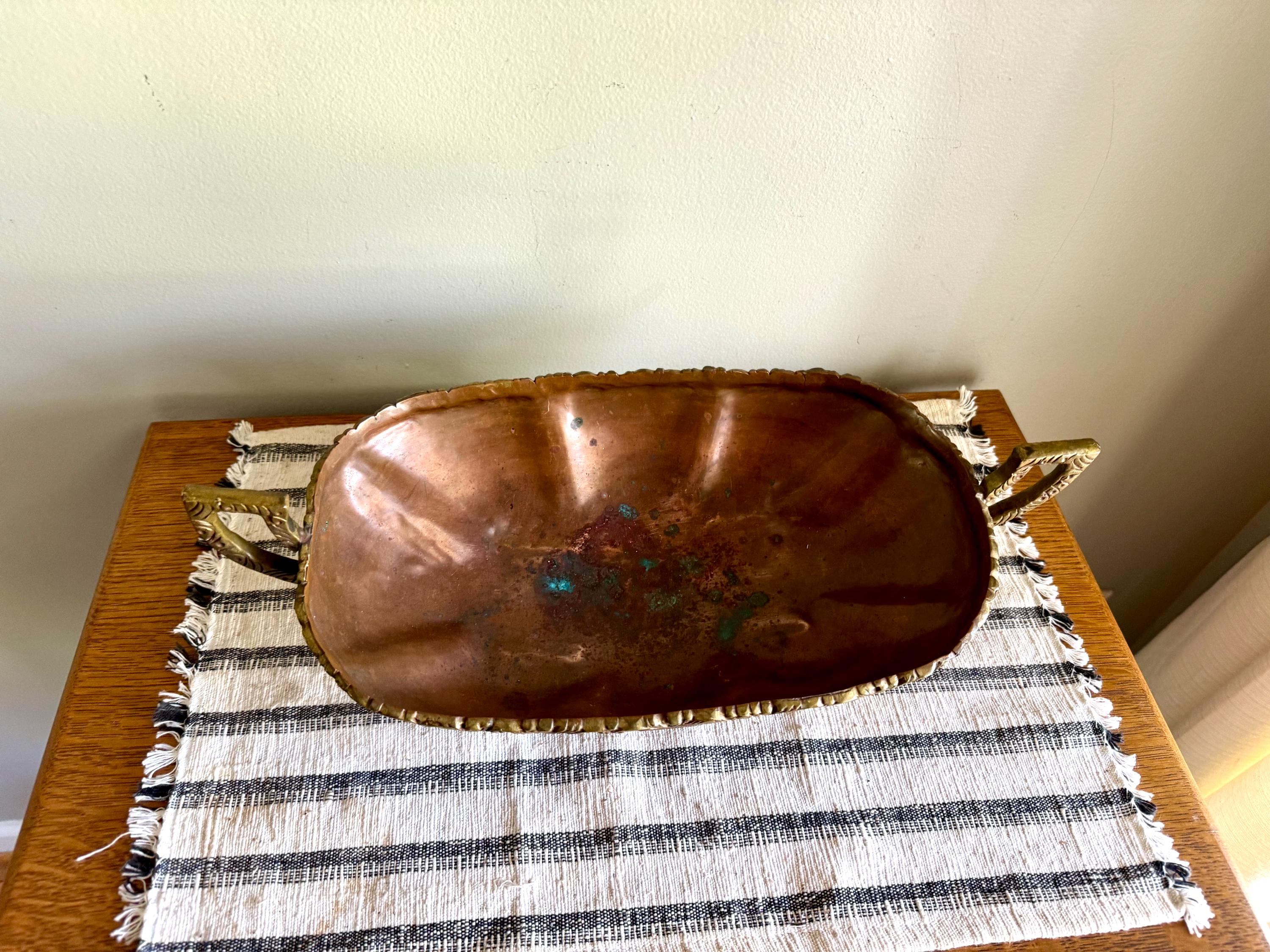 Vtg Hecho En Mexico Copper and Brass Dish | Mexican Copper Centerpiece Dish | Copper Fruit Bowl | Brass Ornate Footed Bowl