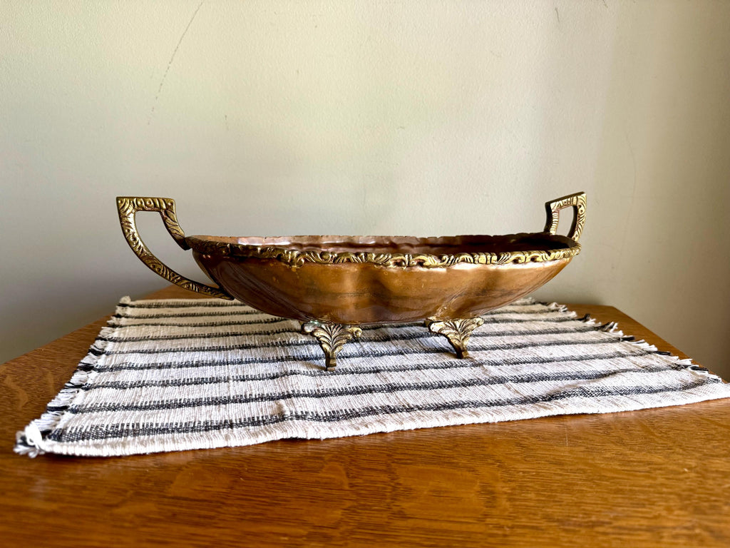 Vtg Hecho En Mexico Copper and Brass Dish | Mexican Copper Centerpiece Dish | Copper Fruit Bowl | Brass Ornate Footed Bowl