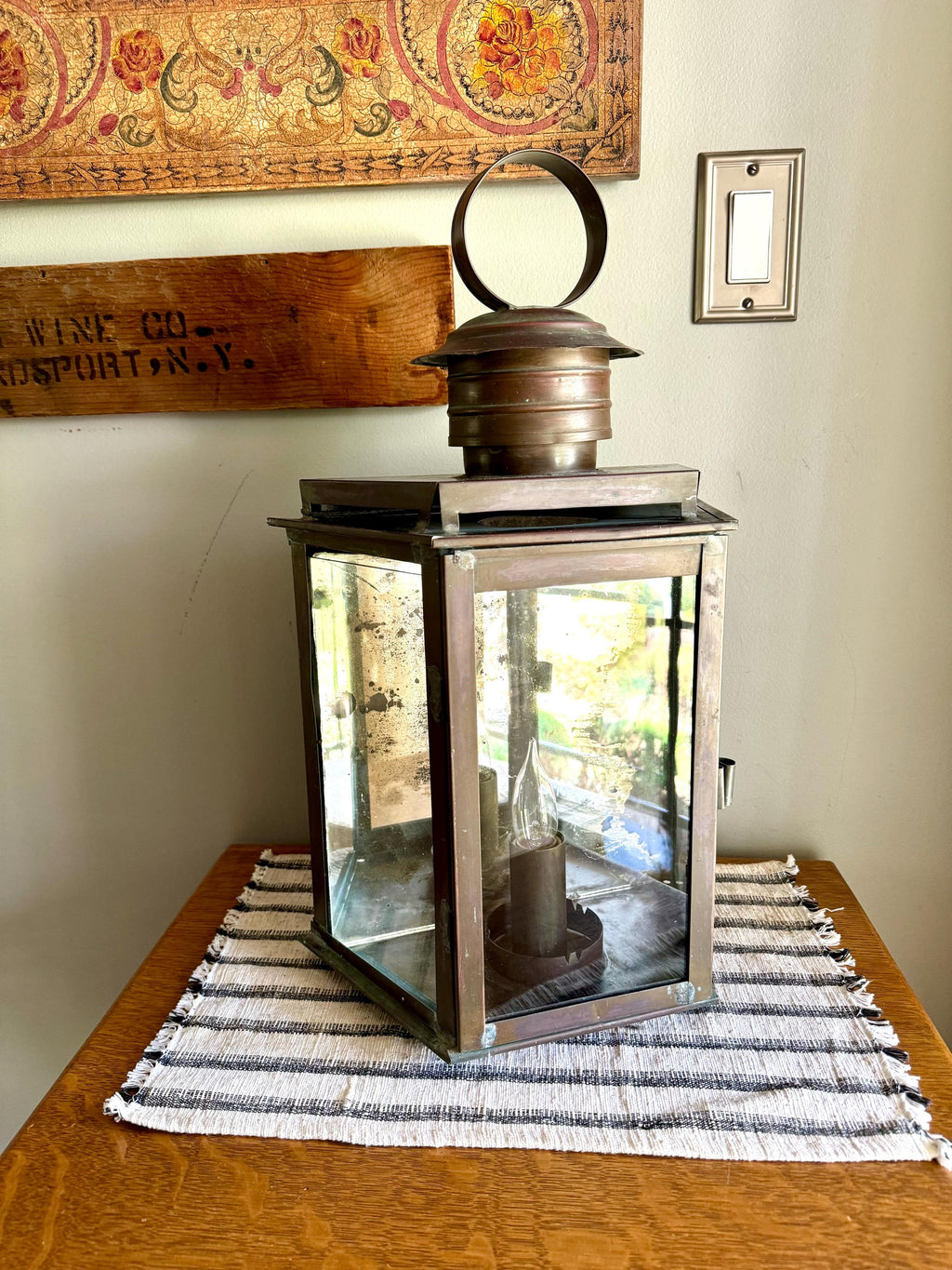 Vtg  Distressed Copper Lantern Lamp | Copper and Mirror Large Wall Sconce | Nautical Lantern Copper Wall Lamp | Rustic Wall Light