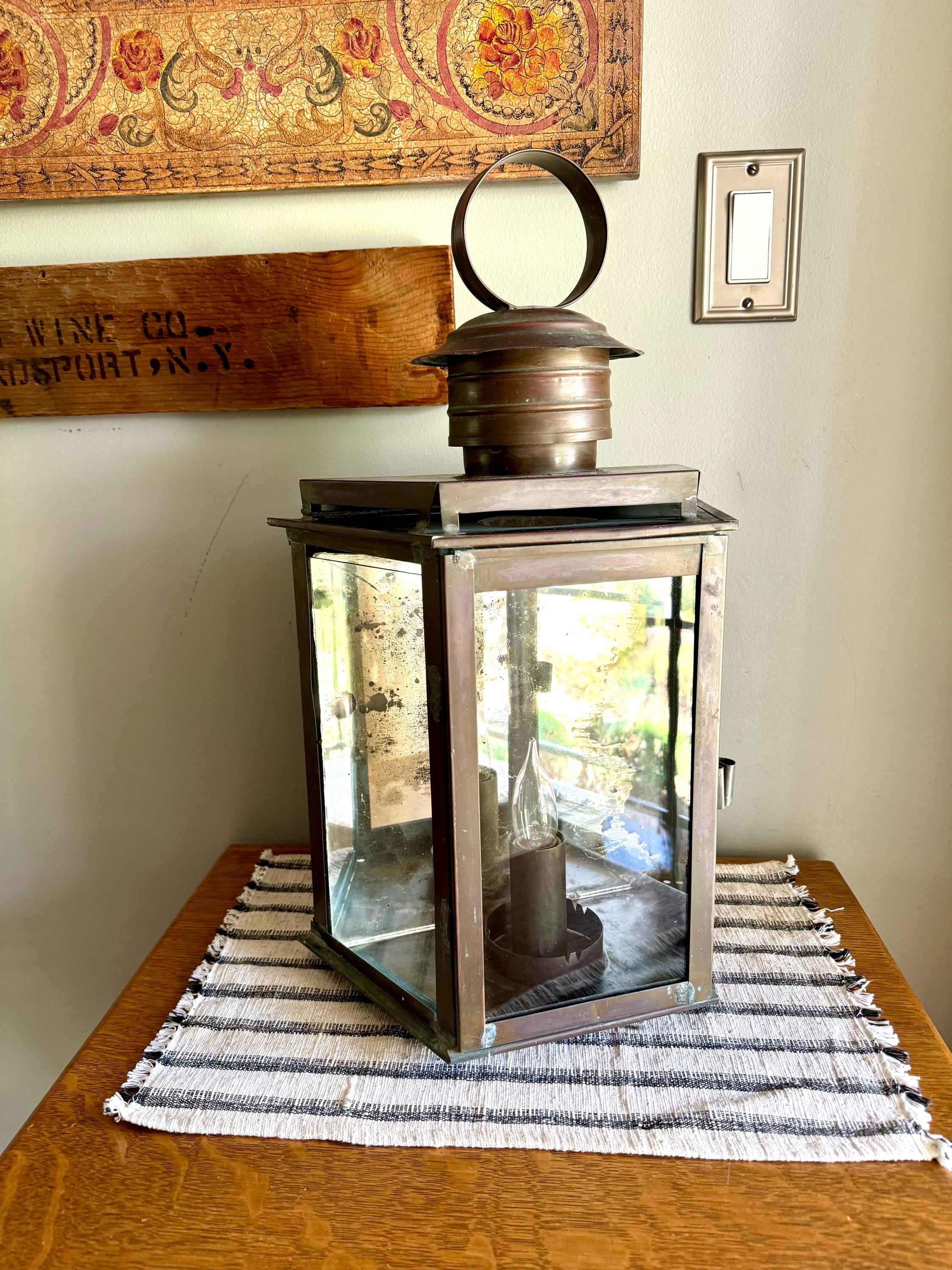 Vtg  Distressed Copper Lantern Lamp | Copper and Mirror Large Wall Sconce | Nautical Lantern Copper Wall Lamp | Rustic Wall Light