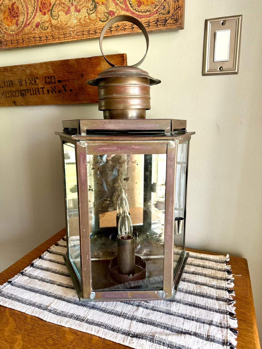 Vtg  Distressed Copper Lantern Lamp | Copper and Mirror Large Wall Sconce | Nautical Lantern Copper Wall Lamp | Rustic Wall Light