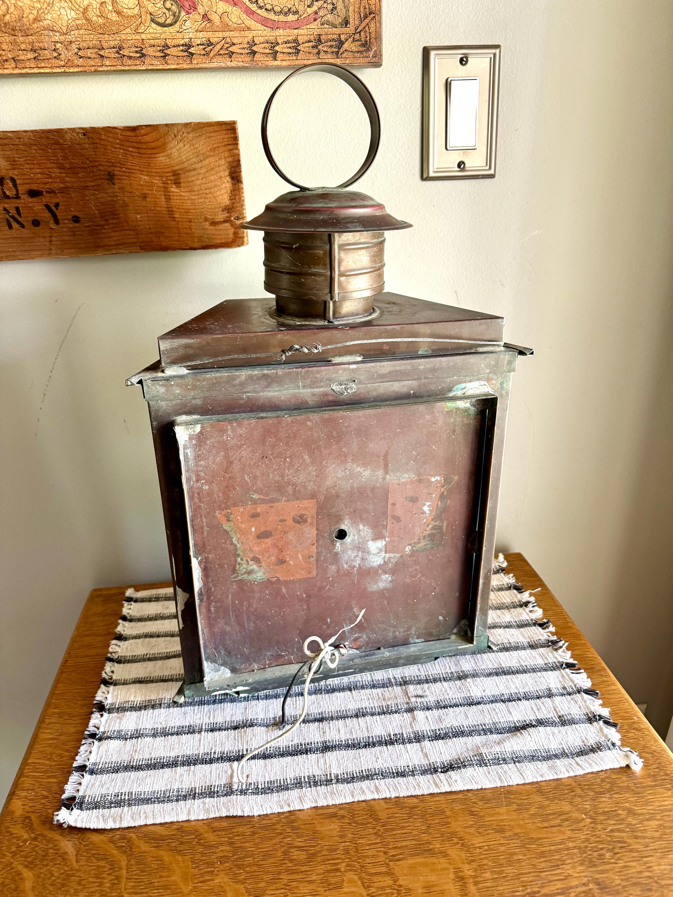 Vtg  Distressed Copper Lantern Lamp | Copper and Mirror Large Wall Sconce | Nautical Lantern Copper Wall Lamp | Rustic Wall Light