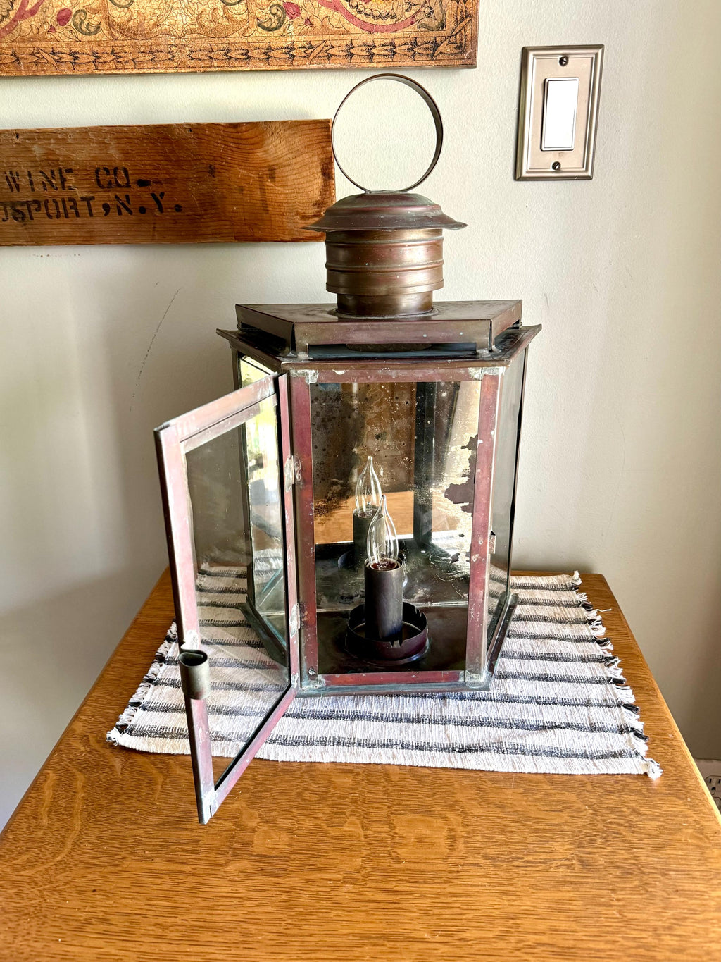 Vtg  Distressed Copper Lantern Lamp | Copper and Mirror Large Wall Sconce | Nautical Lantern Copper Wall Lamp | Rustic Wall Light