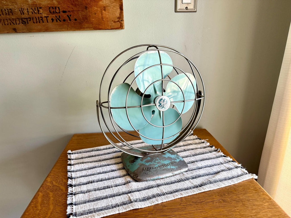 Vtg GE Distressed Aqua Blue Fan | Rustic Aqua Blue General Electric Fan | Rewired Metal Caged Fan | One Speed Turquoise Fan