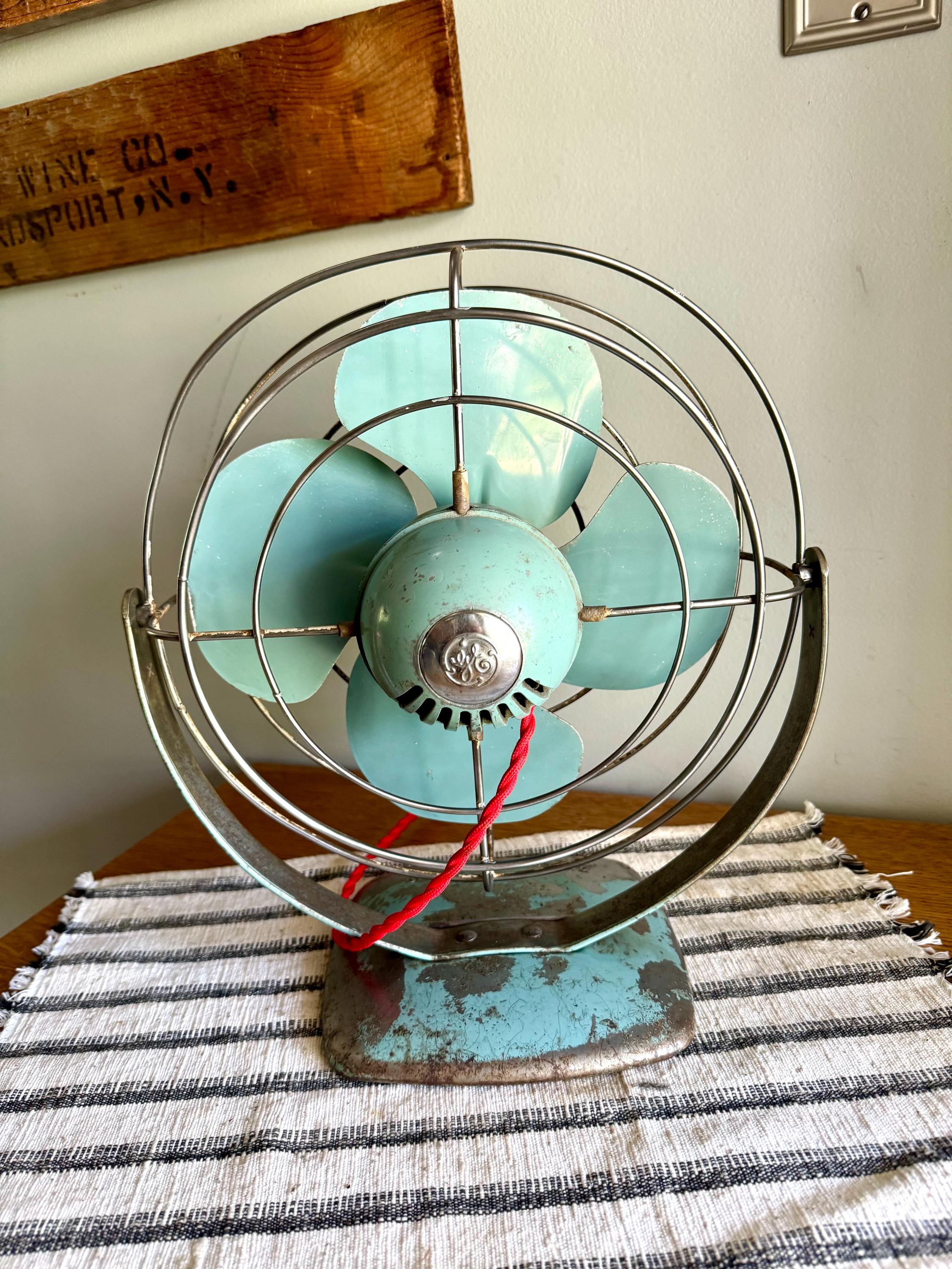 Vtg GE Distressed Aqua Blue Fan | Rustic Aqua Blue General Electric Fan | Rewired Metal Caged Fan | One Speed Turquoise Fan