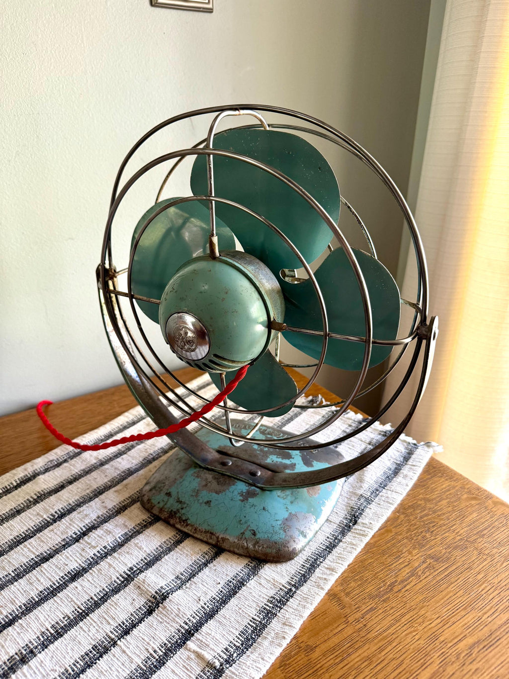 Vtg GE Distressed Aqua Blue Fan | Rustic Aqua Blue General Electric Fan | Rewired Metal Caged Fan | One Speed Turquoise Fan