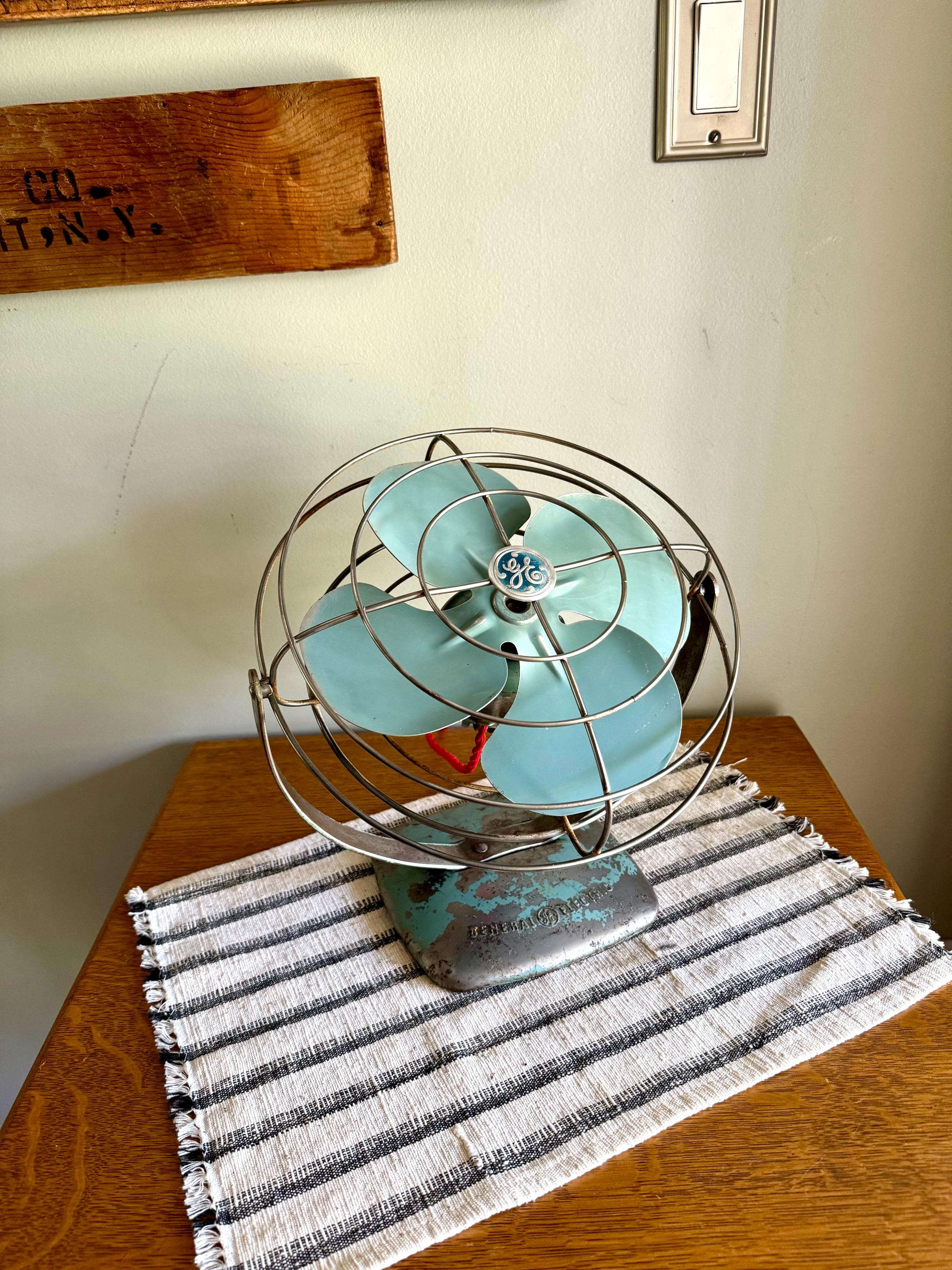 Vtg GE Distressed Aqua Blue Fan | Rustic Aqua Blue General Electric Fan | Rewired Metal Caged Fan | One Speed Turquoise Fan