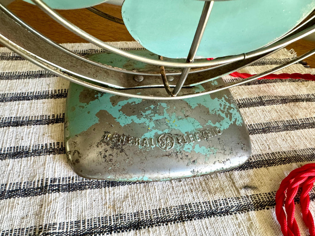 Vtg GE Distressed Aqua Blue Fan | Rustic Aqua Blue General Electric Fan | Rewired Metal Caged Fan | One Speed Turquoise Fan