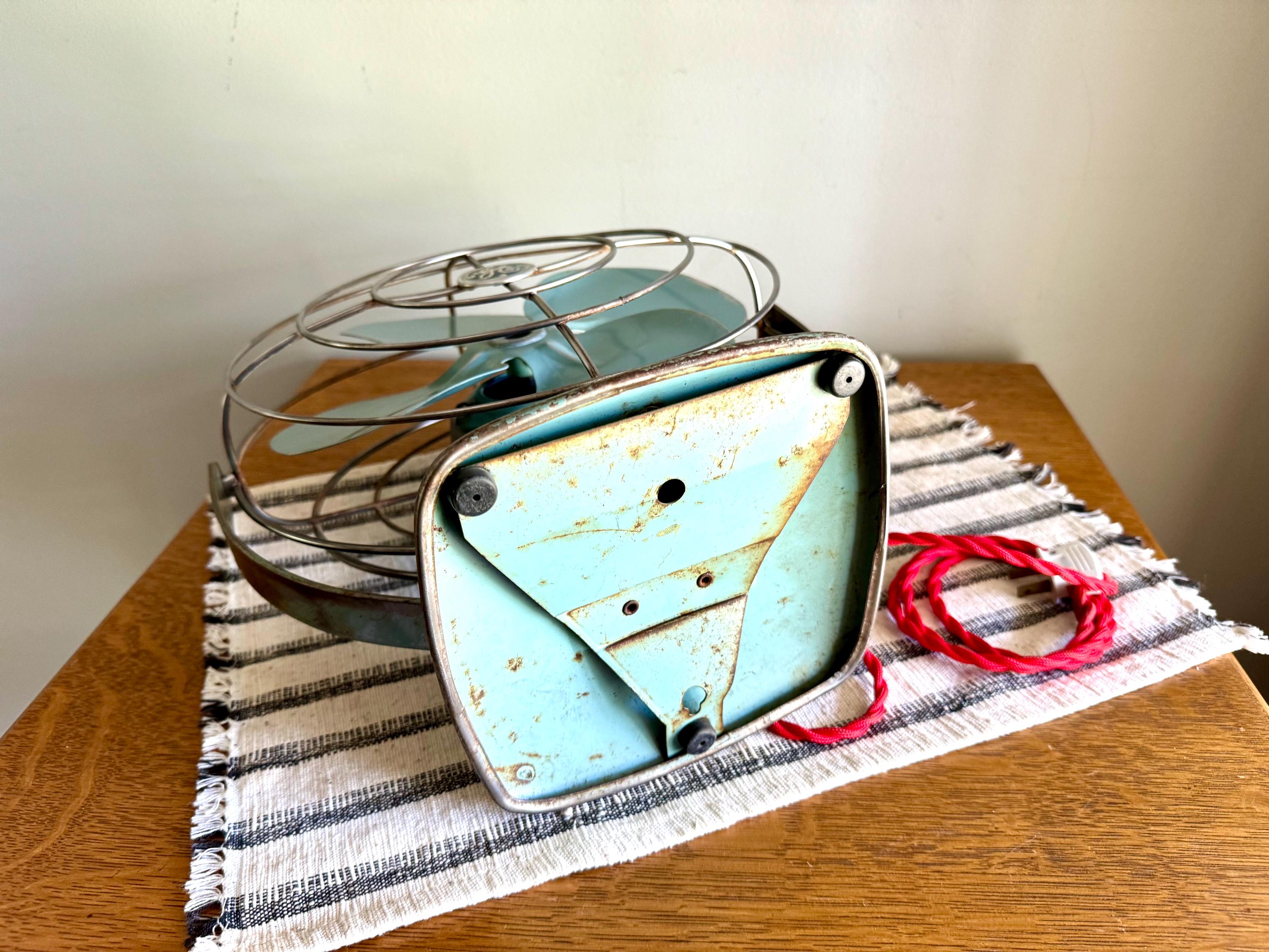 Vtg GE Distressed Aqua Blue Fan | Rustic Aqua Blue General Electric Fan | Rewired Metal Caged Fan | One Speed Turquoise Fan