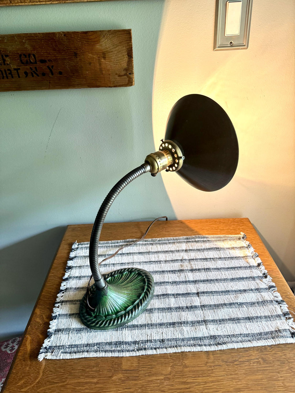 Vtg Green Eagle Goose Neck Lamp With I.P Frink Style Mirrored Lamp Shade  | Industrial Adjustable Desk Lamp | Eagle Cast Iron Desk Lamp