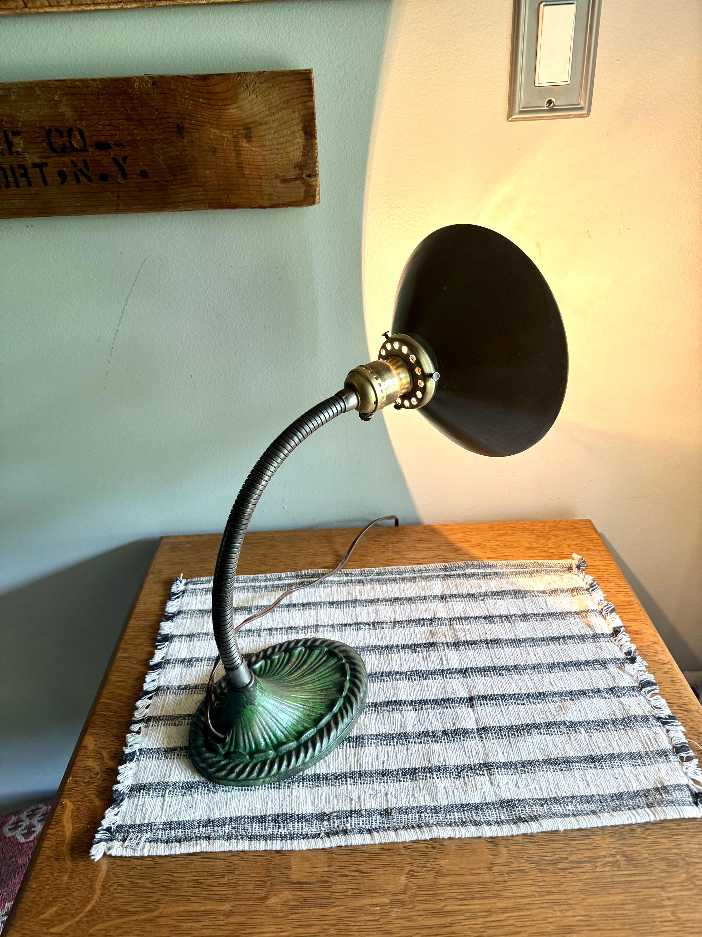 Vtg Green Eagle Goose Neck Lamp With I.P Frink Style Mirrored Lamp Shade  | Industrial Adjustable Desk Lamp | Eagle Cast Iron Desk Lamp