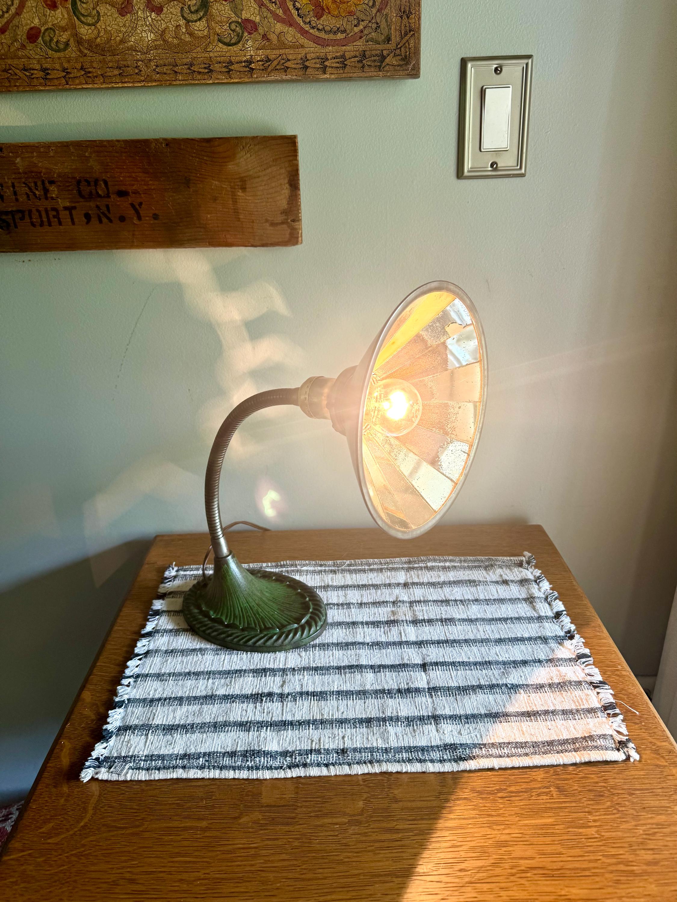Vtg Green Eagle Goose Neck Lamp With I.P Frink Style Mirrored Lamp Shade  | Industrial Adjustable Desk Lamp | Eagle Cast Iron Desk Lamp