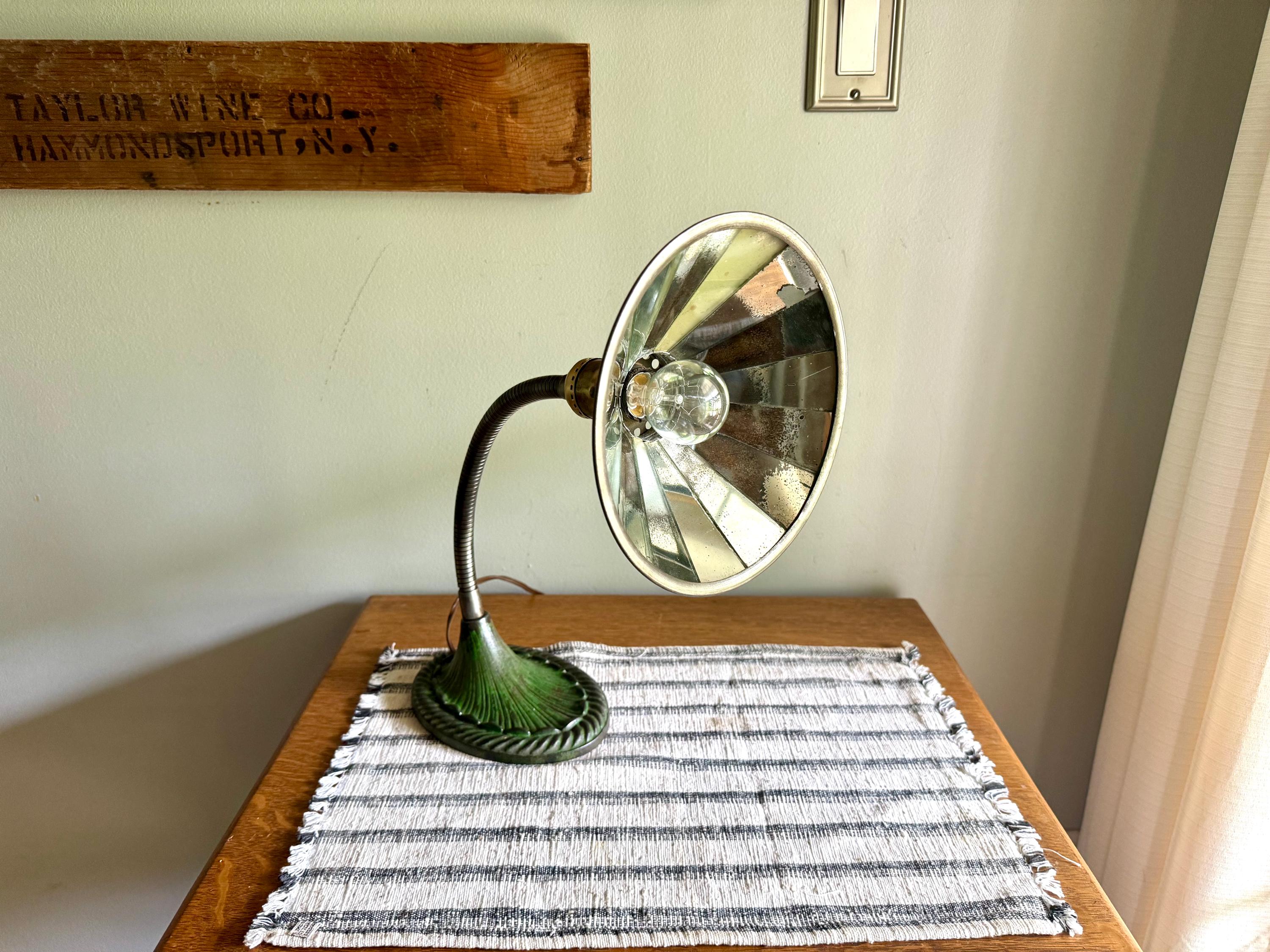Vtg Green Eagle Goose Neck Lamp With I.P Frink Style Mirrored Lamp Shade  | Industrial Adjustable Desk Lamp | Eagle Cast Iron Desk Lamp