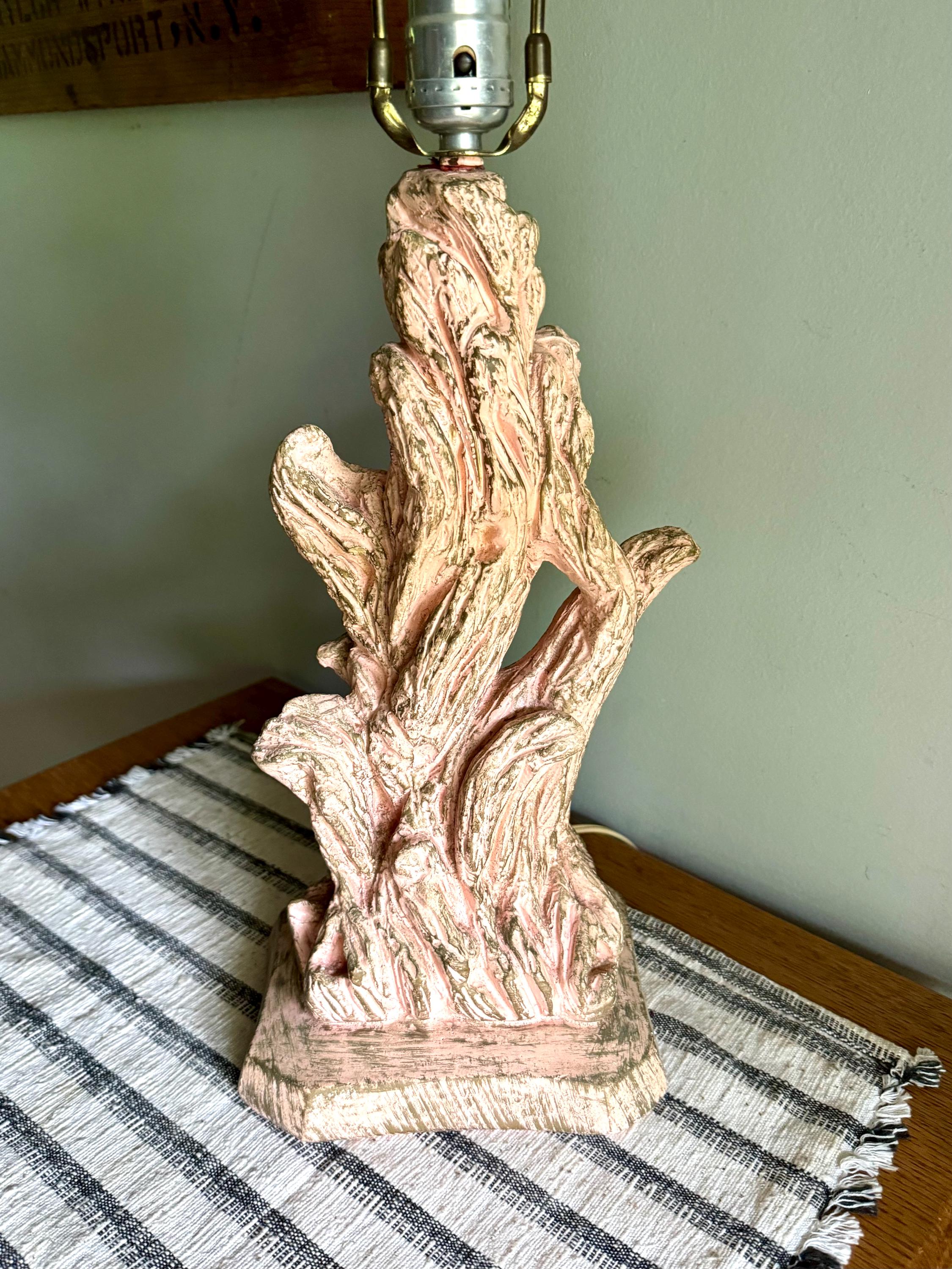 Vintage Pink Chalk Ware Faux Driftwood Lamp | Faux Driftwood Pink Lamp | Pink Plaster Tree Trunk Table Lamp | Unique Pink Lamp