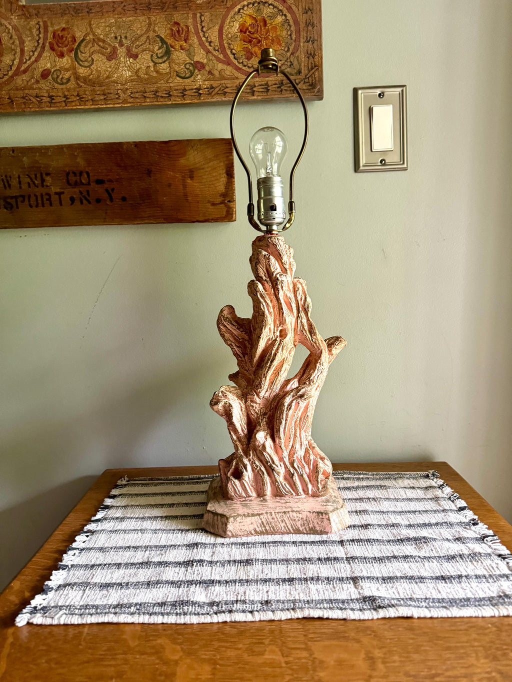 Vintage Pink Chalk Ware Faux Driftwood Lamp | Faux Driftwood Pink Lamp | Pink Plaster Tree Trunk Table Lamp | Unique Pink Lamp