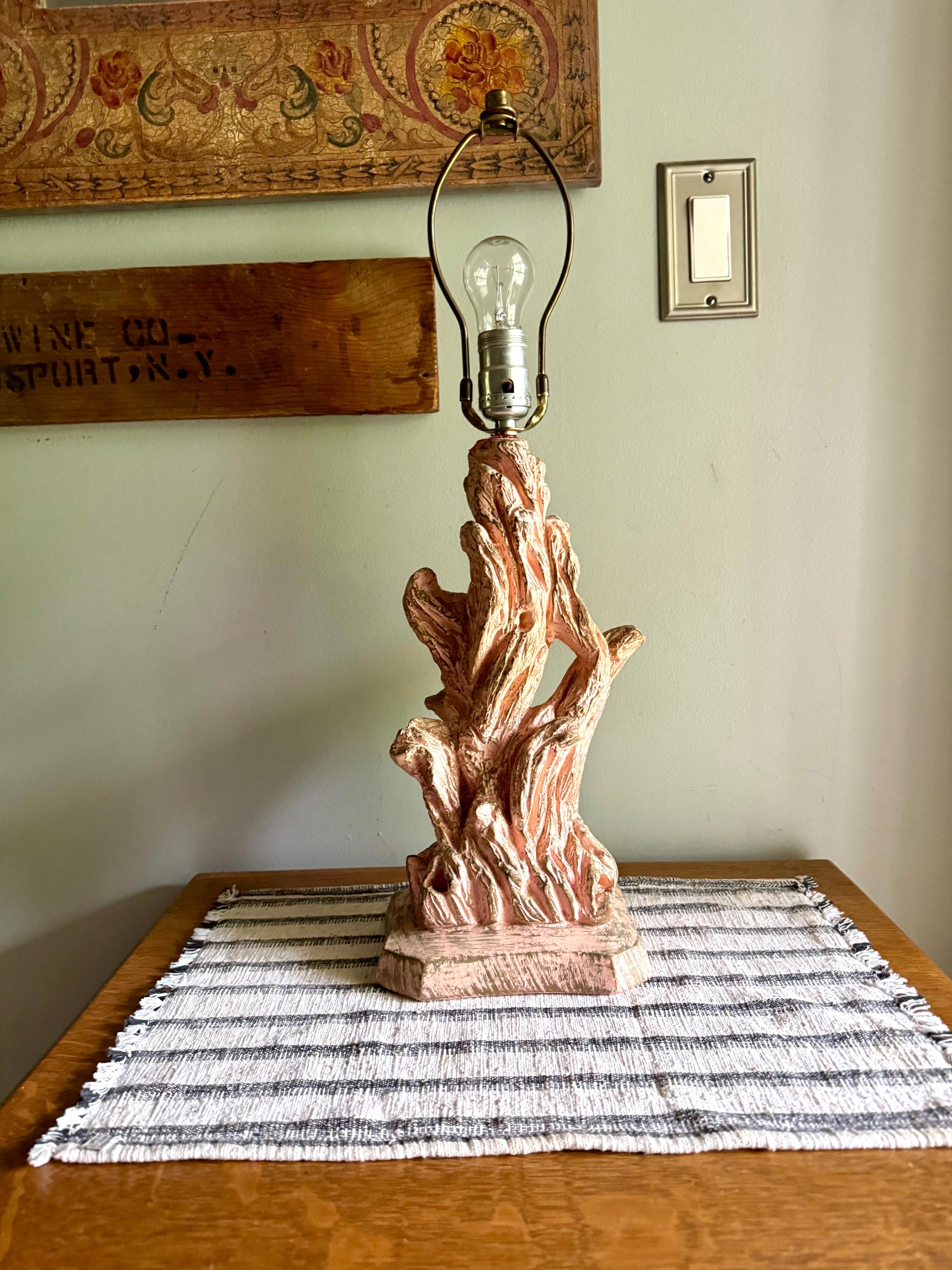 Vintage Pink Chalk Ware Faux Driftwood Lamp | Faux Driftwood Pink Lamp | Pink Plaster Tree Trunk Table Lamp | Unique Pink Lamp