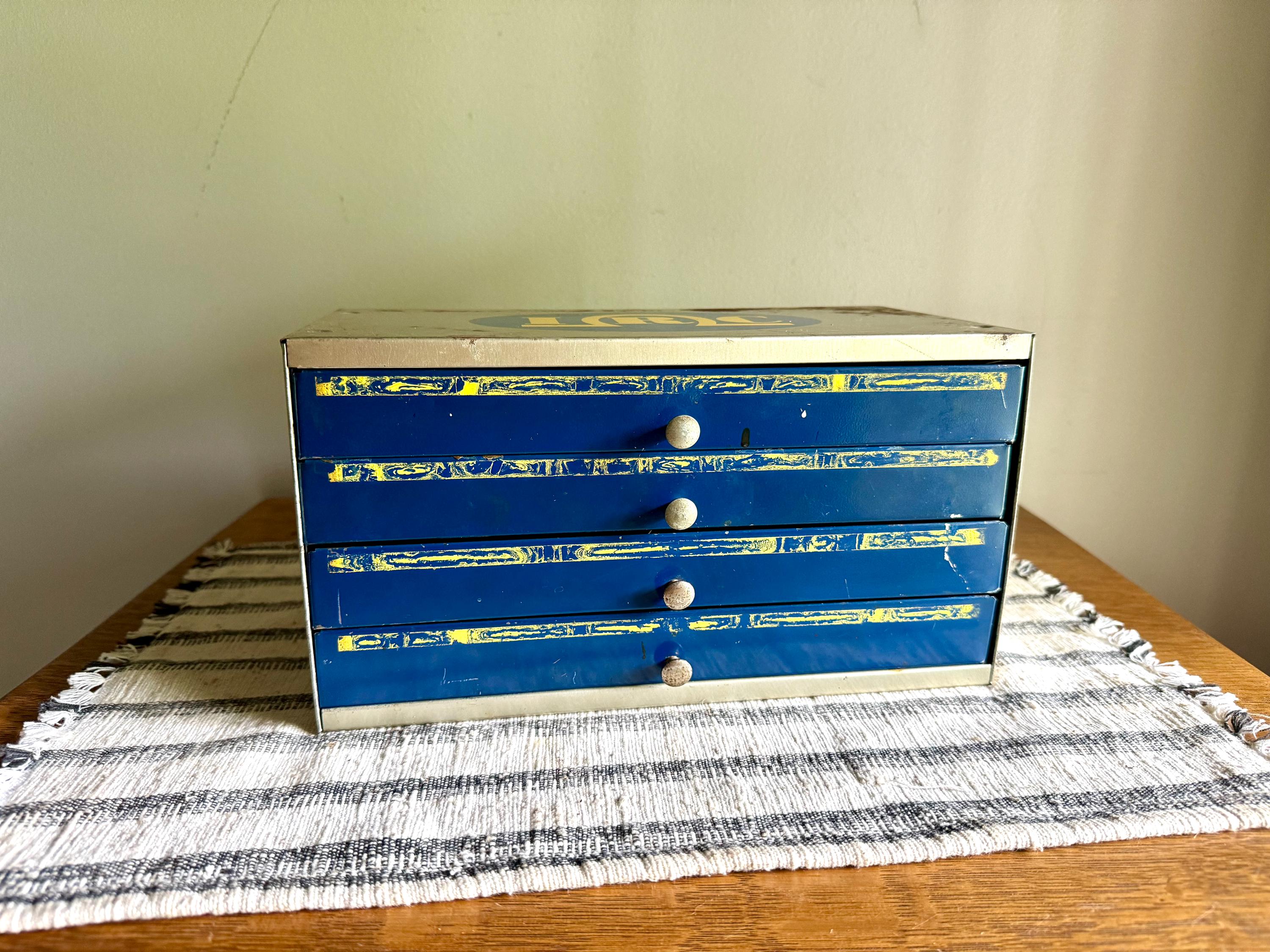 Vintage 50's IRC Resistor 4 Drawer Cabinet | Small Rustic IRC Industrial Parts Cabinet | Blue, Gray and Yellow Small Organizer Bin