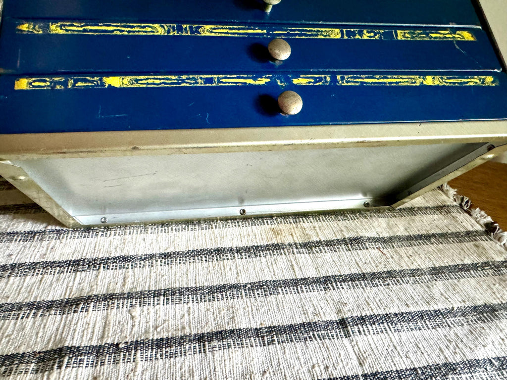 Vintage 50's IRC Resistor 4 Drawer Cabinet | Small Rustic IRC Industrial Parts Cabinet | Blue, Gray and Yellow Small Organizer Bin