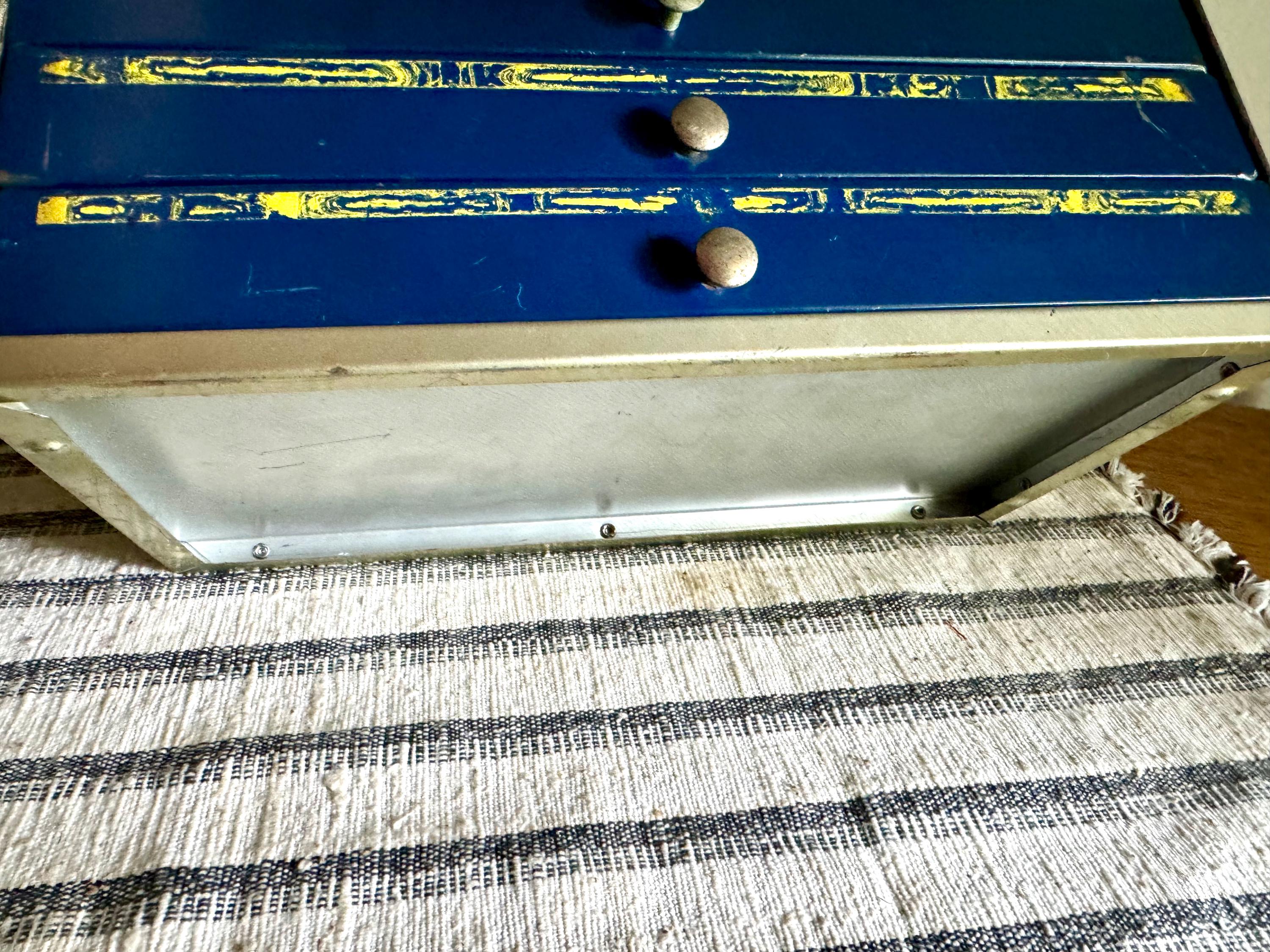 Vintage 50's IRC Resistor 4 Drawer Cabinet | Small Rustic IRC Industrial Parts Cabinet | Blue, Gray and Yellow Small Organizer Bin