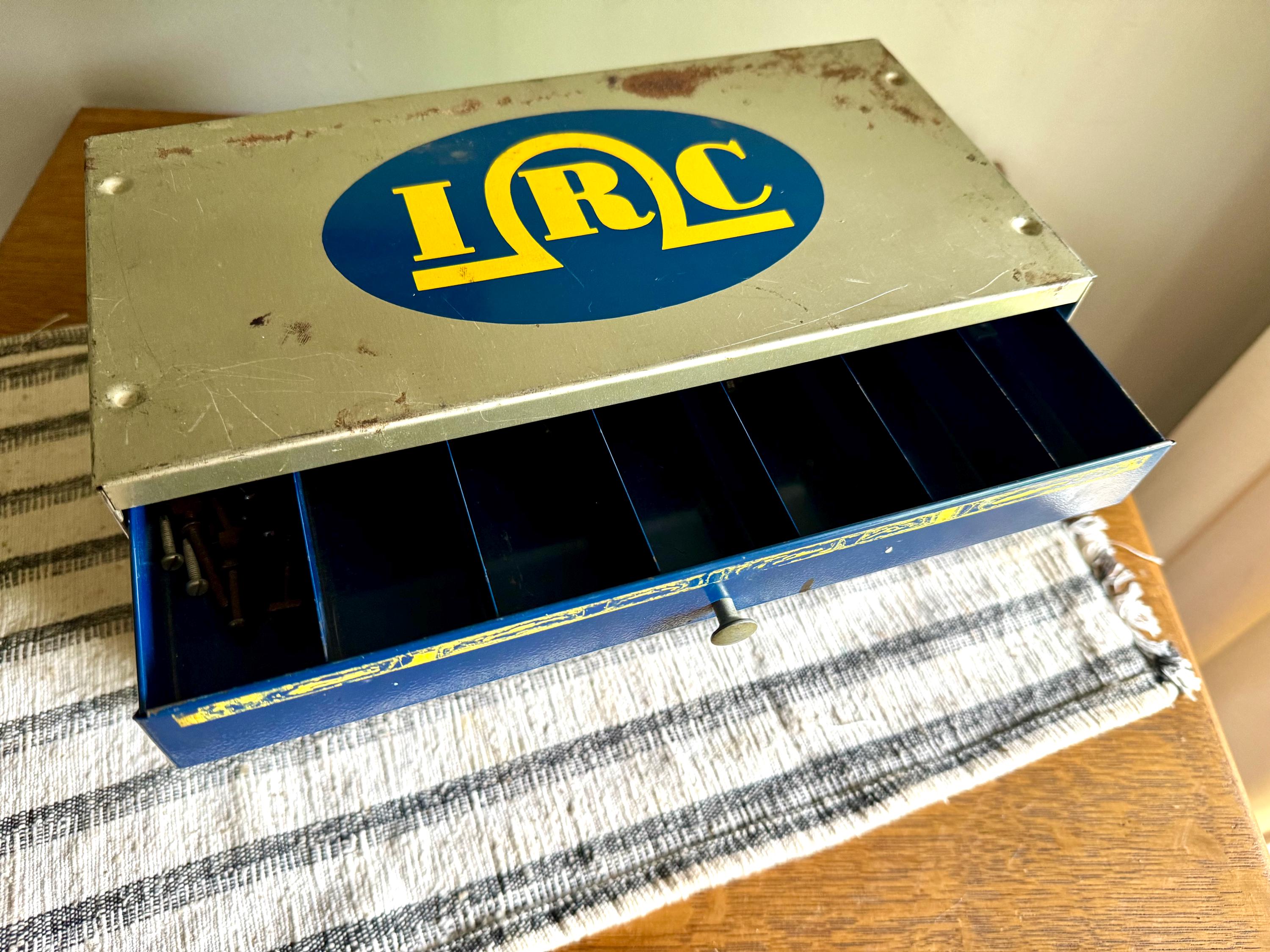 Vintage 50's IRC Resistor 4 Drawer Cabinet | Small Rustic IRC Industrial Parts Cabinet | Blue, Gray and Yellow Small Organizer Bin