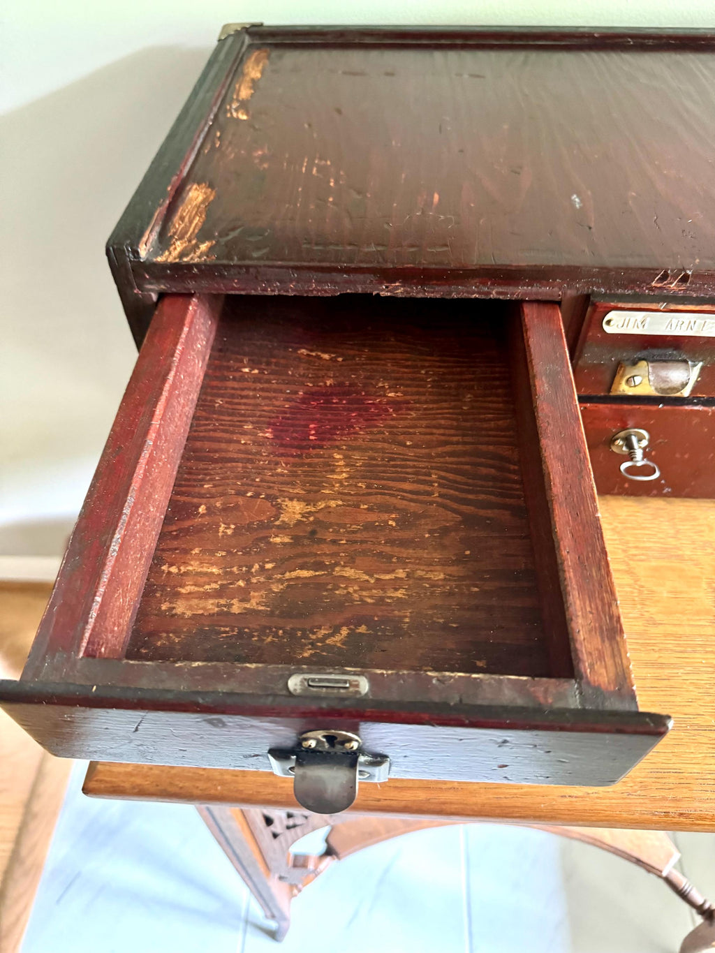 Antique Wood 4 Drawer Cabinet | Wood Countertop Locking Cabinet Drawers | Machinist Word Bench Cabinet | Cash Register Stand