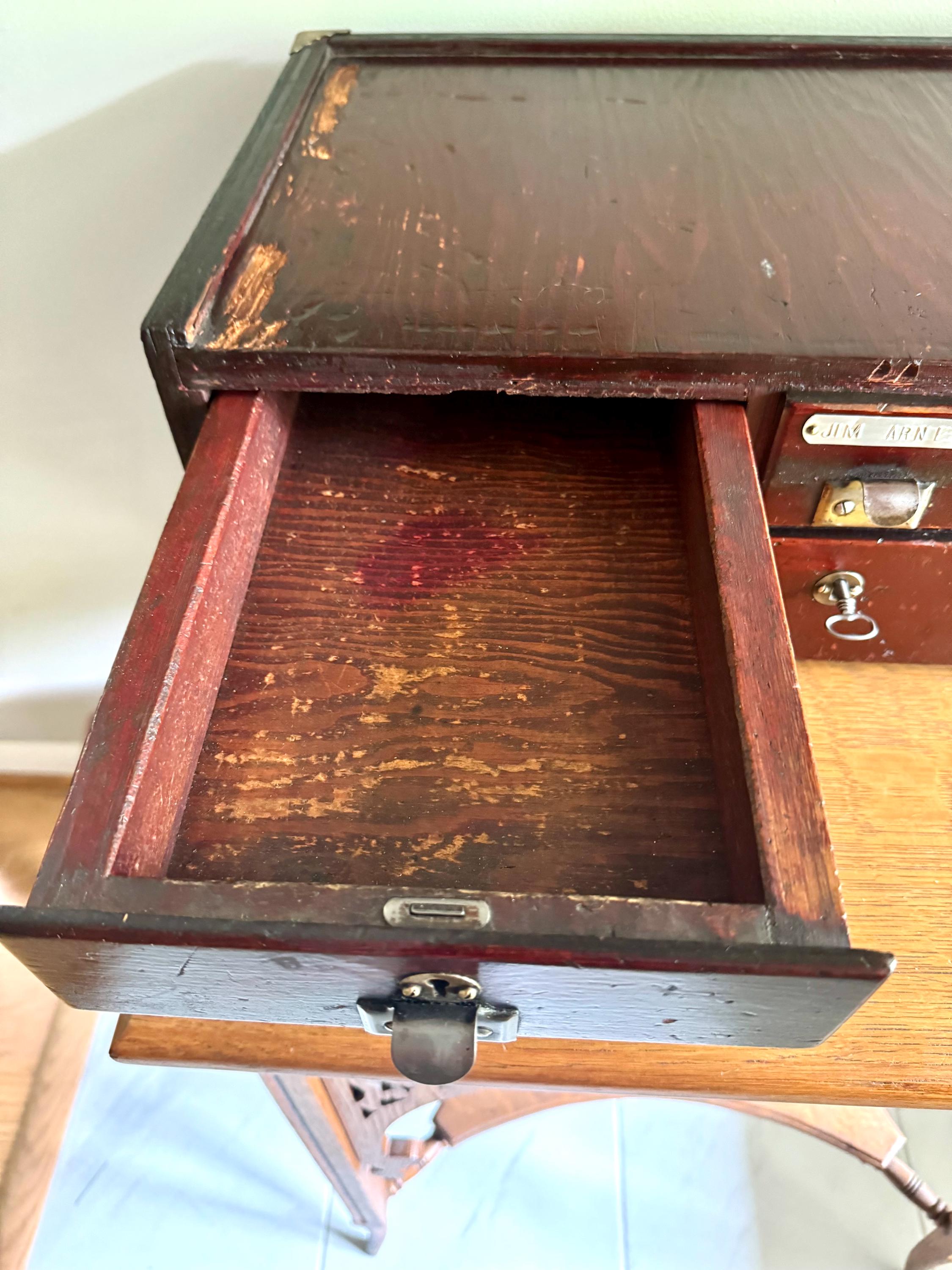 Antique Wood 4 Drawer Cabinet | Wood Countertop Locking Cabinet Drawers | Machinist Word Bench Cabinet | Cash Register Stand
