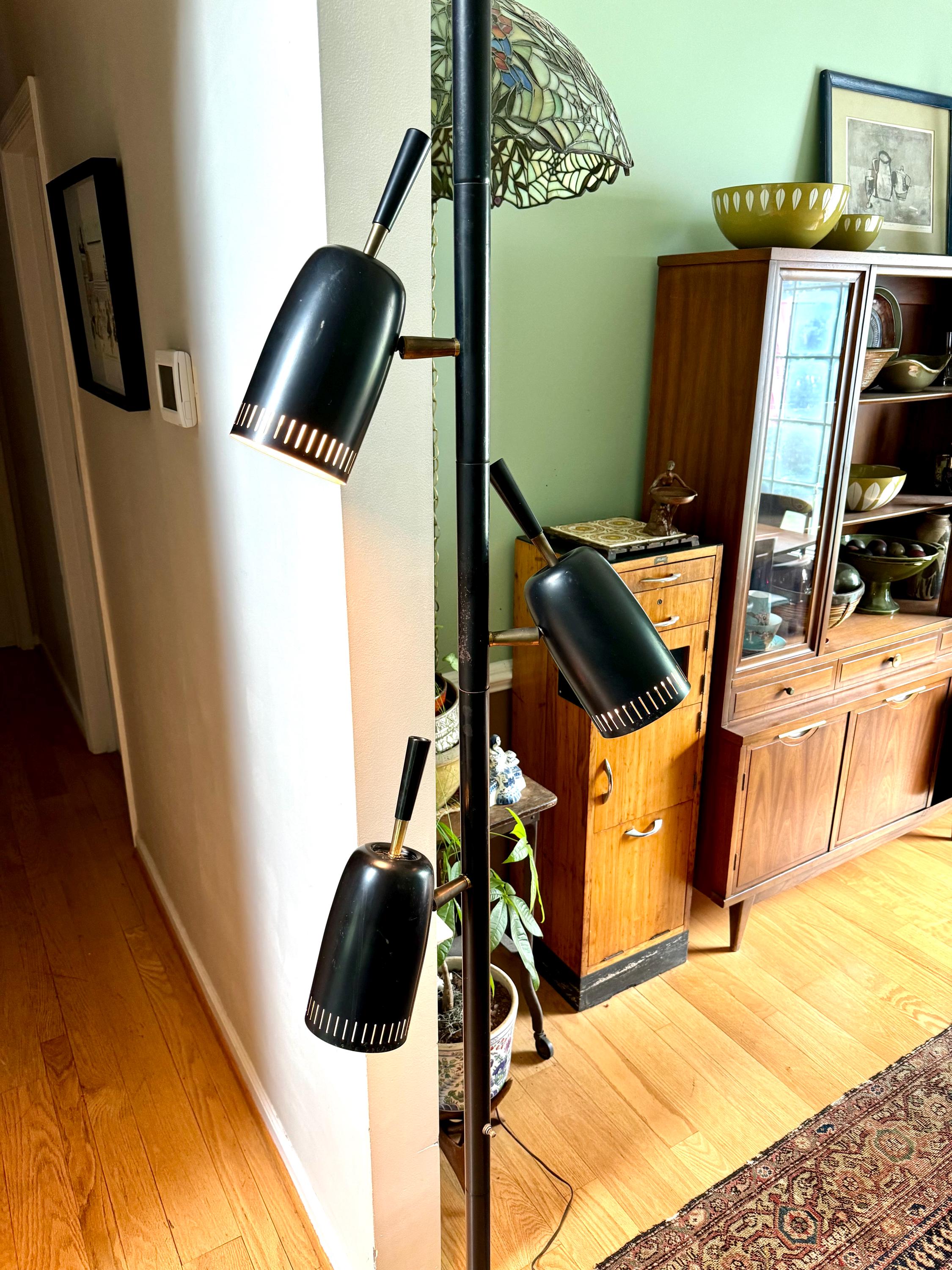 Black MCM Bullet Tension Pole Lamp | Black Atomic Coned Lamp | Modern Black & Brass Bullet Light | Raymond Loewy Style 3 Shade Tension Lamp