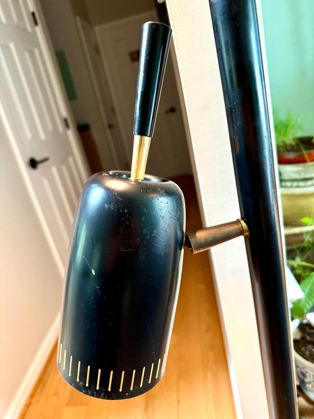 Black MCM Bullet Tension Pole Lamp | Black Atomic Coned Lamp | Modern Black & Brass Bullet Light | Raymond Loewy Style 3 Shade Tension Lamp